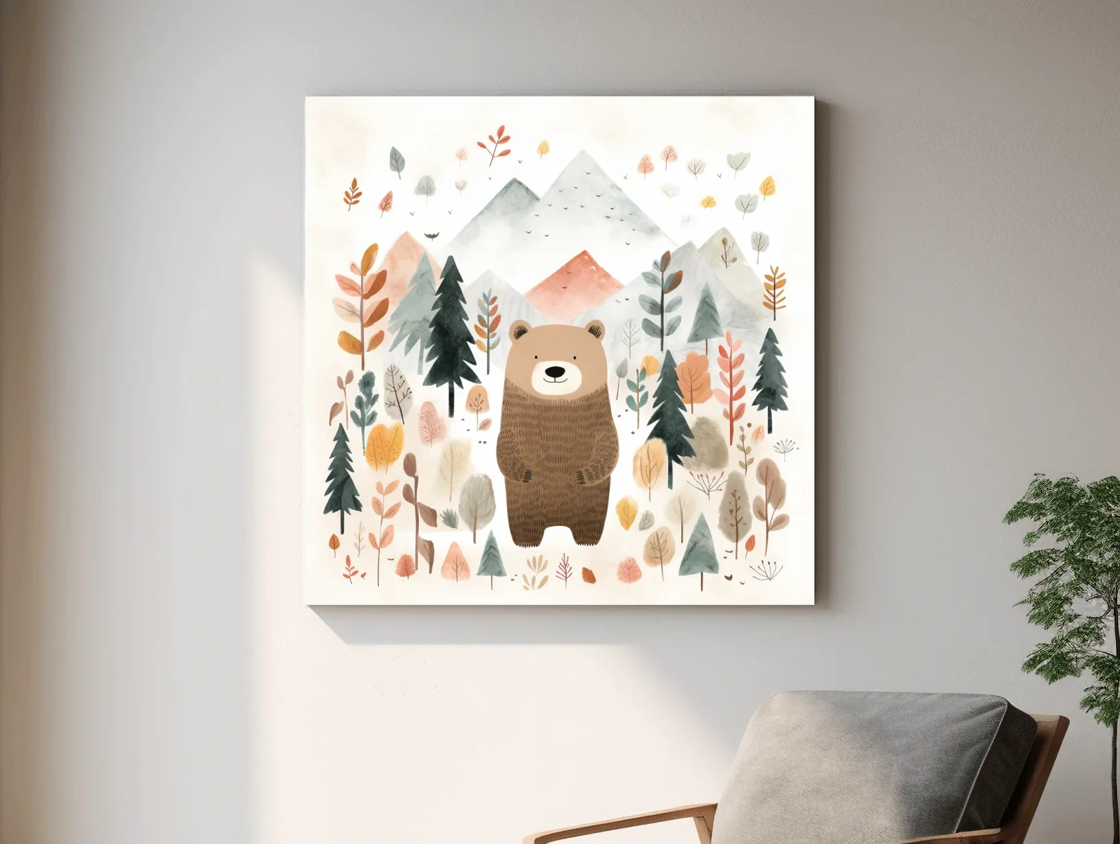 Cute Watercolor Bear Bear In Forest - Whimsical Mountain Nursery Wall Art