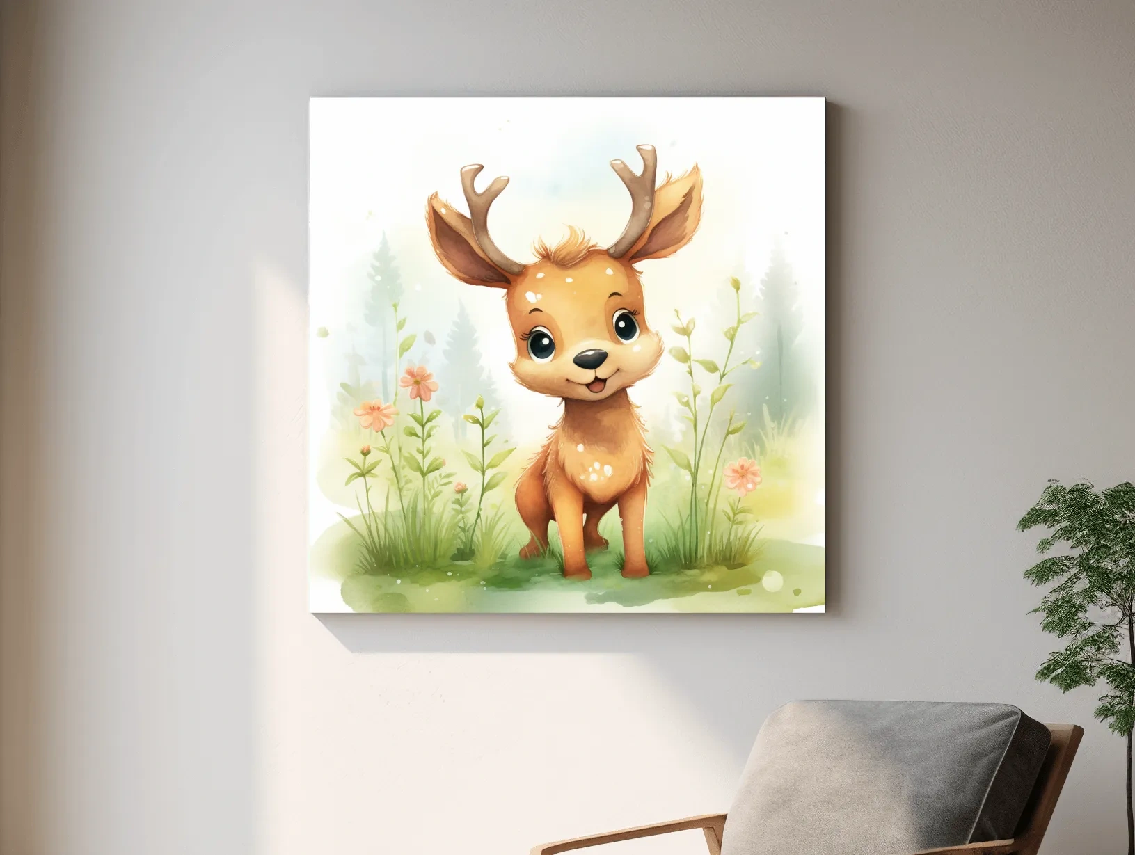 Cute Watercolor Baby Deer Illustration - Woodland Nursery Animal Wall Art