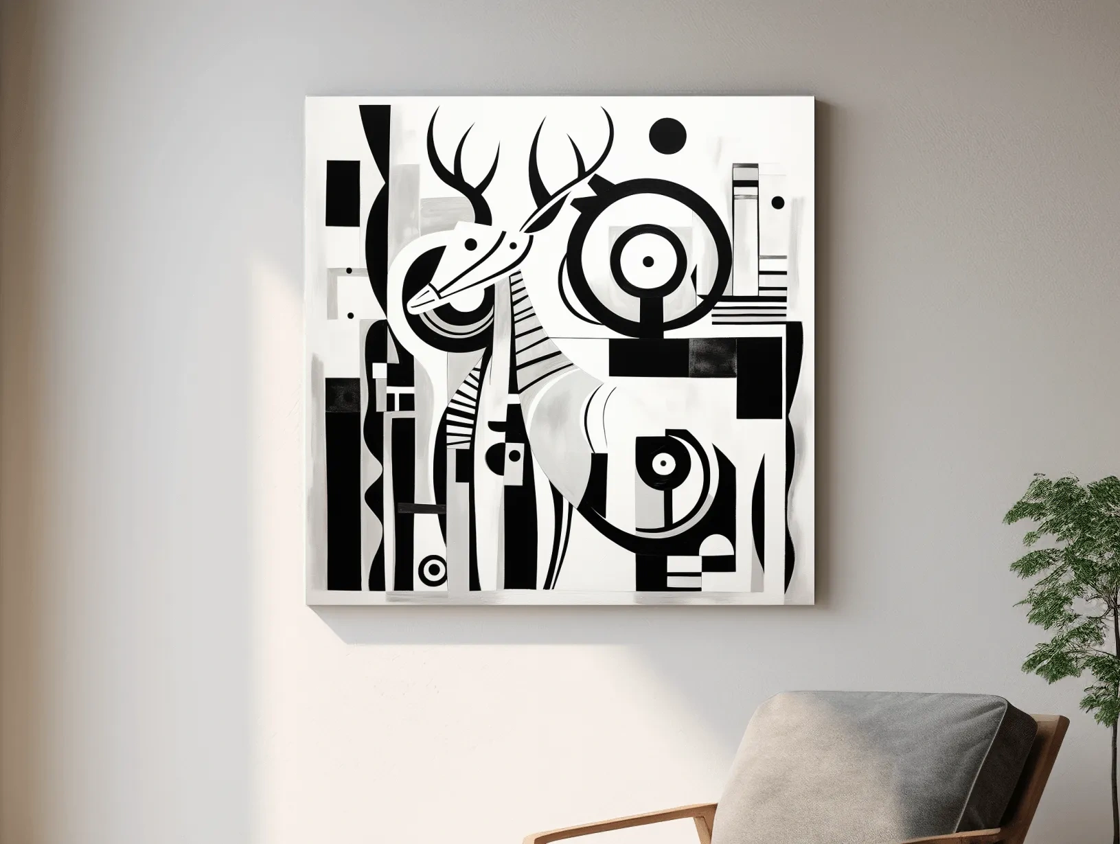 Abstract Geometric Deer Artwork - Mid-Century Black And White Animal Wall Art
