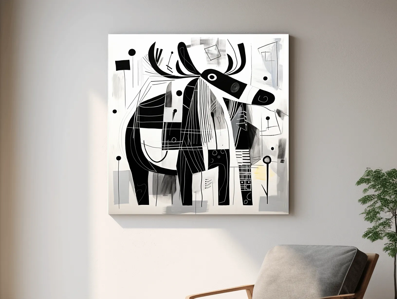 Abstract Monochrome Moose Illustration - Modern Geometric Wildlife Wall Art