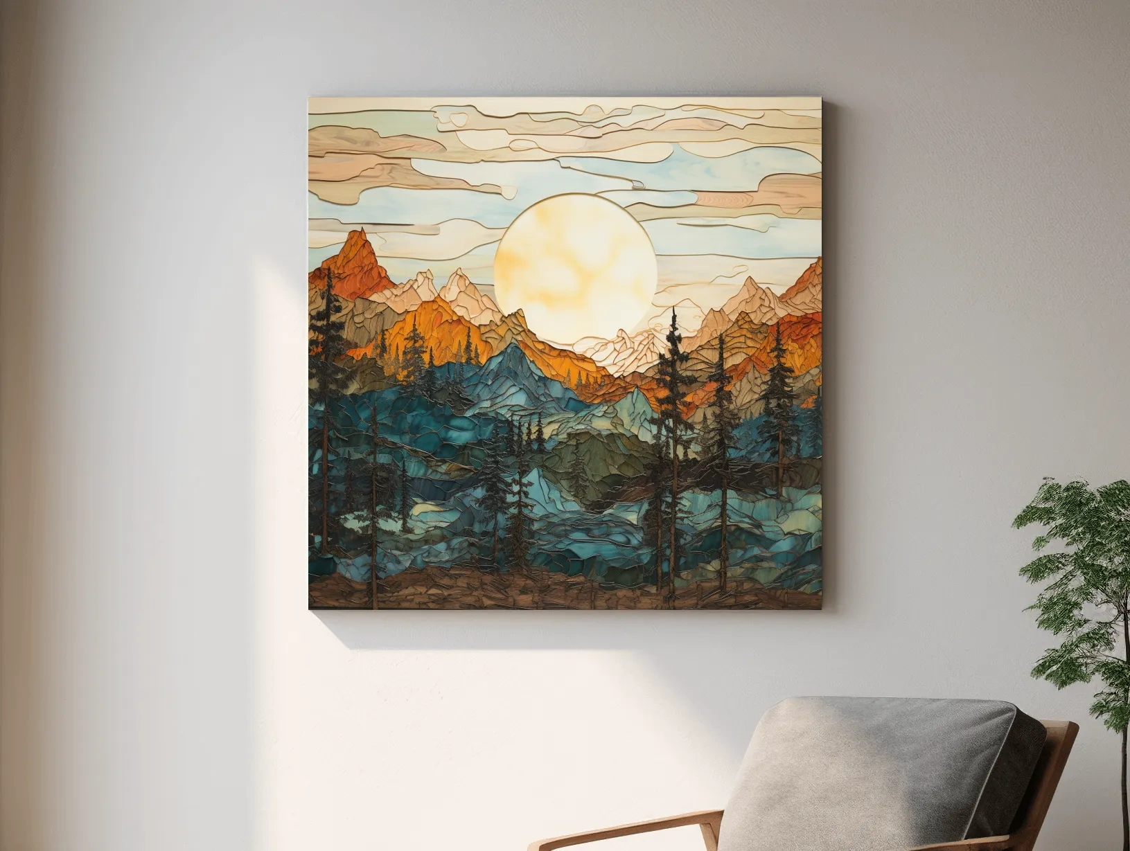 Stained Glass Mountain Sunset Landscape - Colorful Mosaic Forest