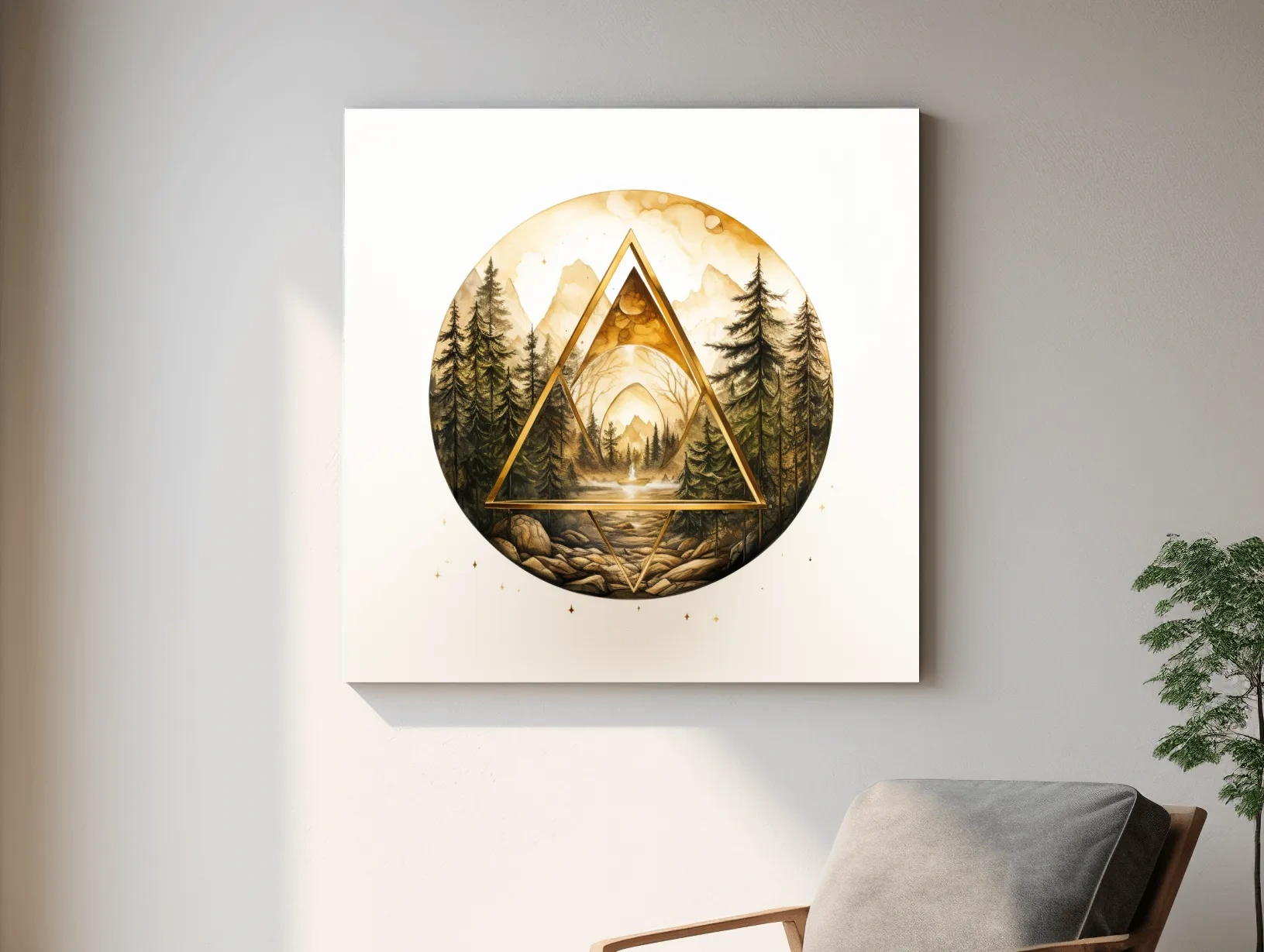 Rustic Mountain Forest Watercolor - Gold Sepia Landscape Wall Art