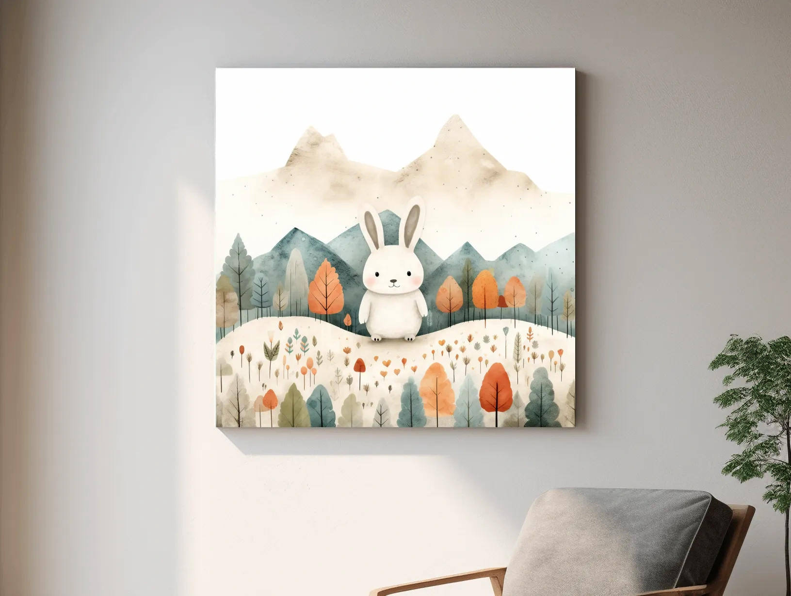 Cute Watercolor Bunny In Mountain Forest - Whimsical Nursery Woodland Wall Art