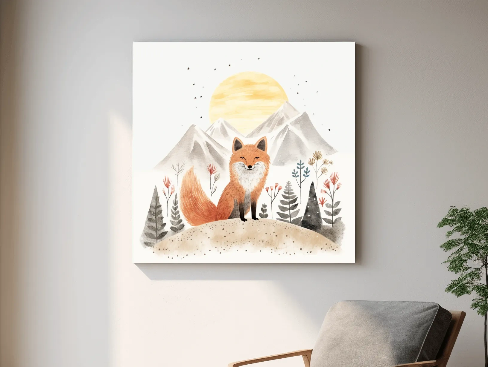 Whimsical Watercolor Fox Mountain Sunrise - Nursery Woodland Animal Wall Art
