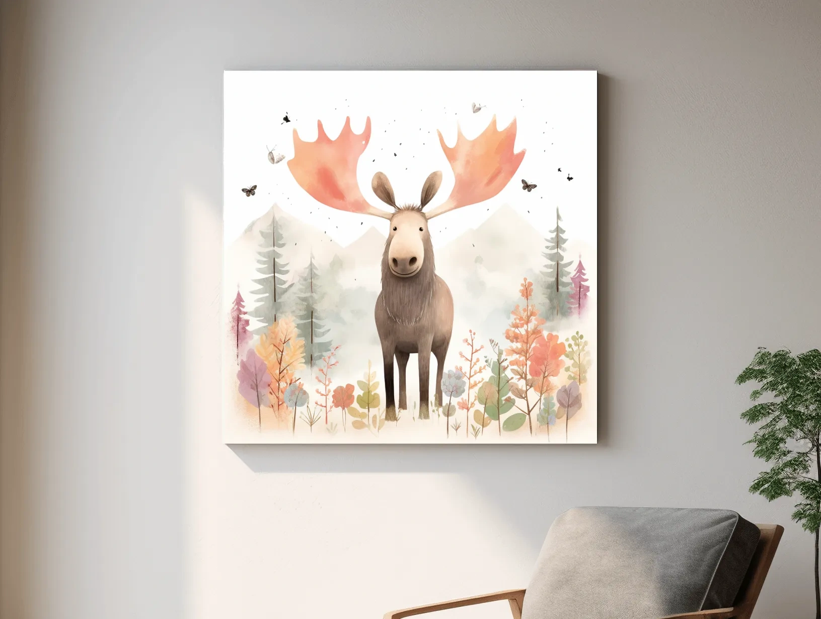 Whimsical Watercolor Moose In Pastel Forest - Storybook Nursery Animal Wall Art