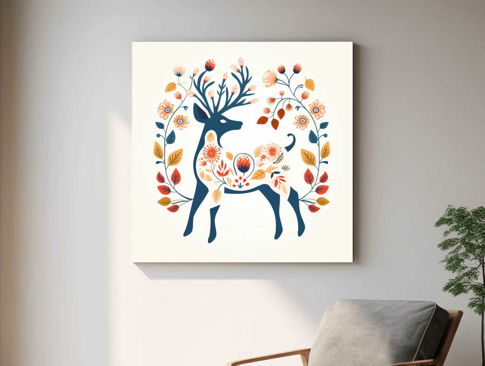 Folk Art Floral Deer Silhouette - Scandinavian Woodland Wall Art