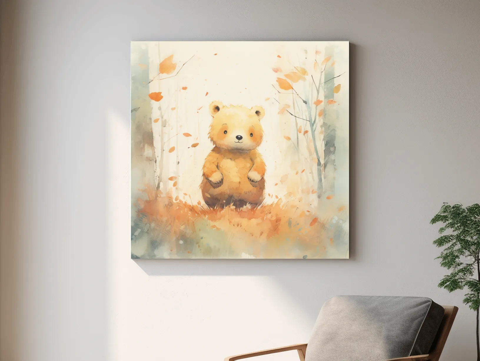 Cute Watercolor Bear Cub In Autumn Forest - Whimsical Nursery Animal Wall Art