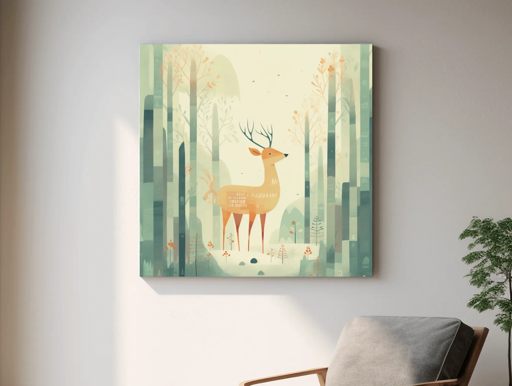 Whimsical Deer In Misty Forest - Minimalist Woodland Nursery Wall Art