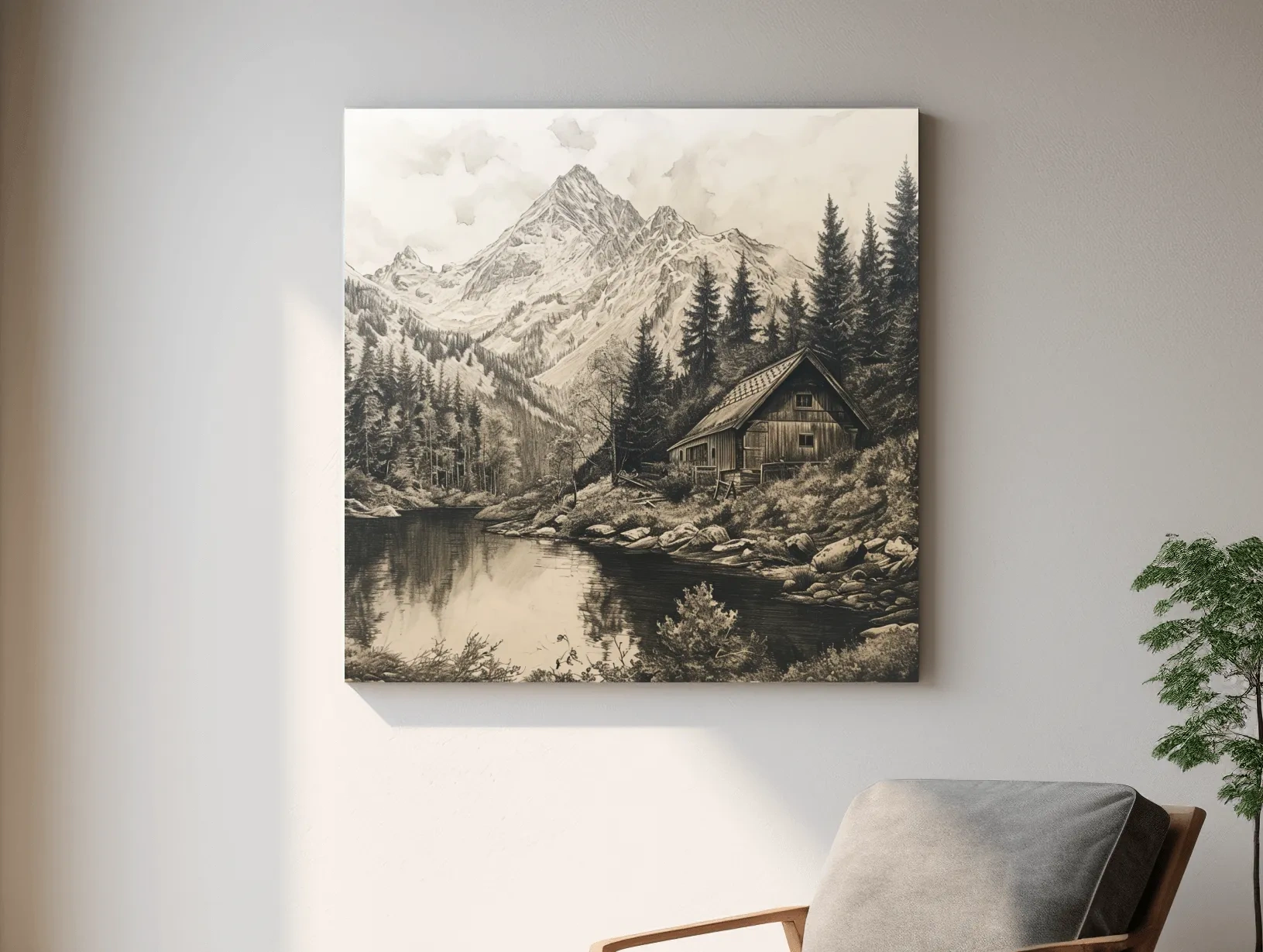 Vintage Sepia Mountain Cabin Lake Scene - Rustic Alpine Forest Landscape Art