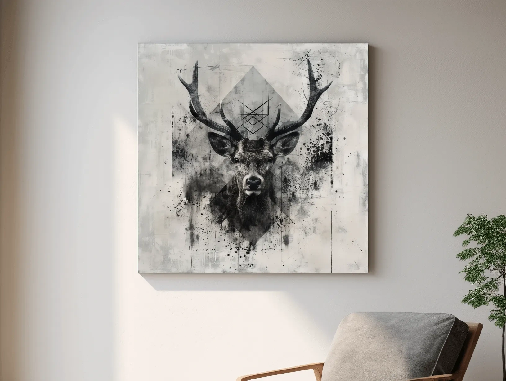 Tribal Monochrome Deer Stag Portrait - Tattoo Style Wildlife Wall Art