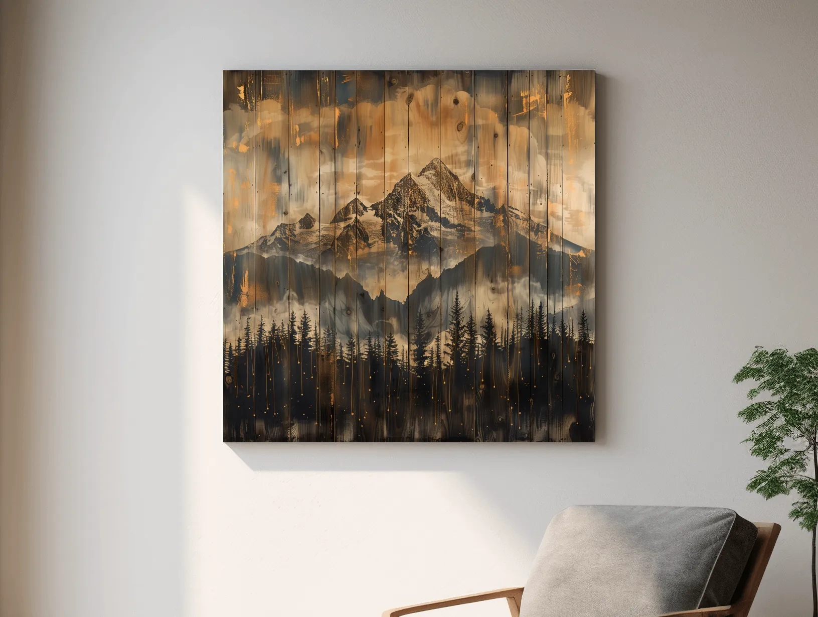 Rustic Mountain Range Over Pine Forest - Vintage Wood Panel Style Landscape Artwork
