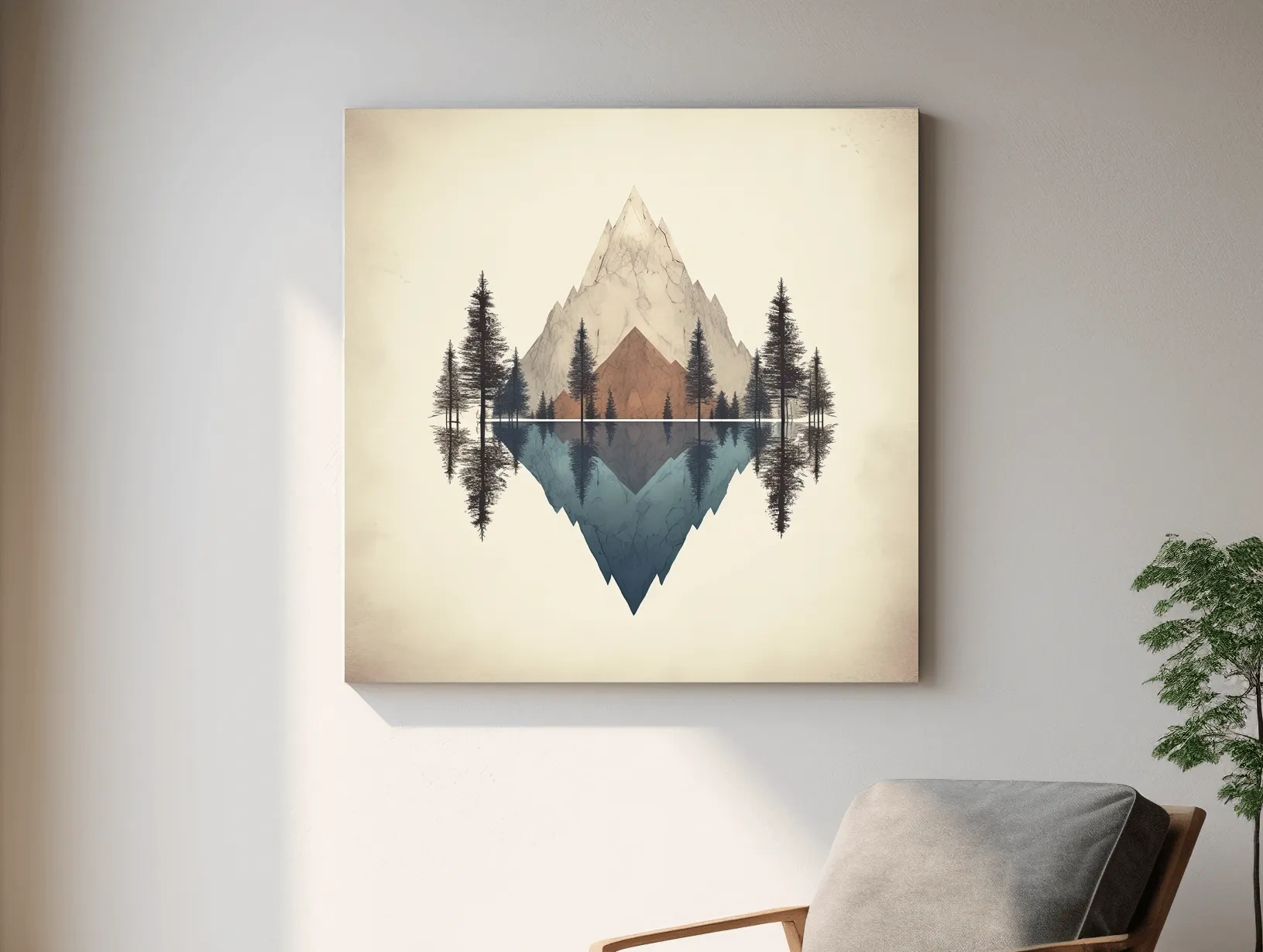 Minimalist Geometric Mountain Lake Reflection - Pine Forest Landscape Wall Art