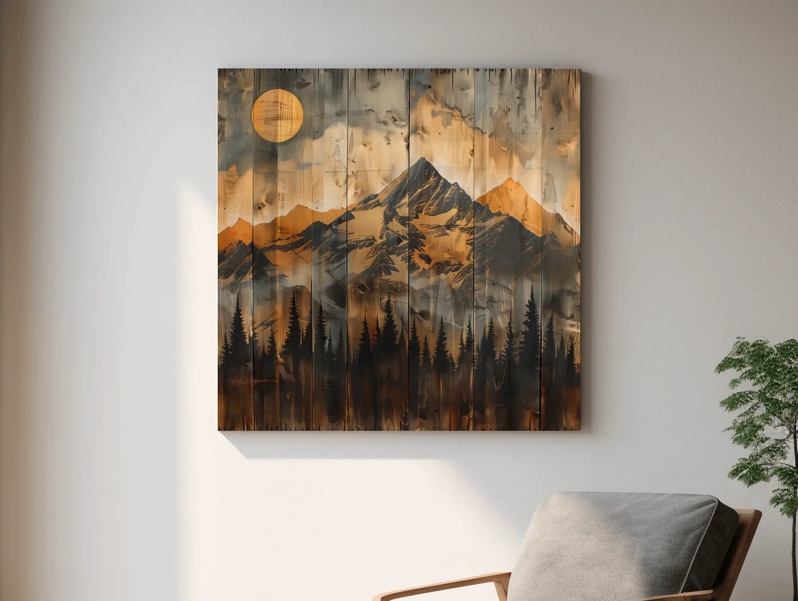 Rustic Woodgrain Mountain Sunset Artwork - Vintage Pine Forest Wall Art