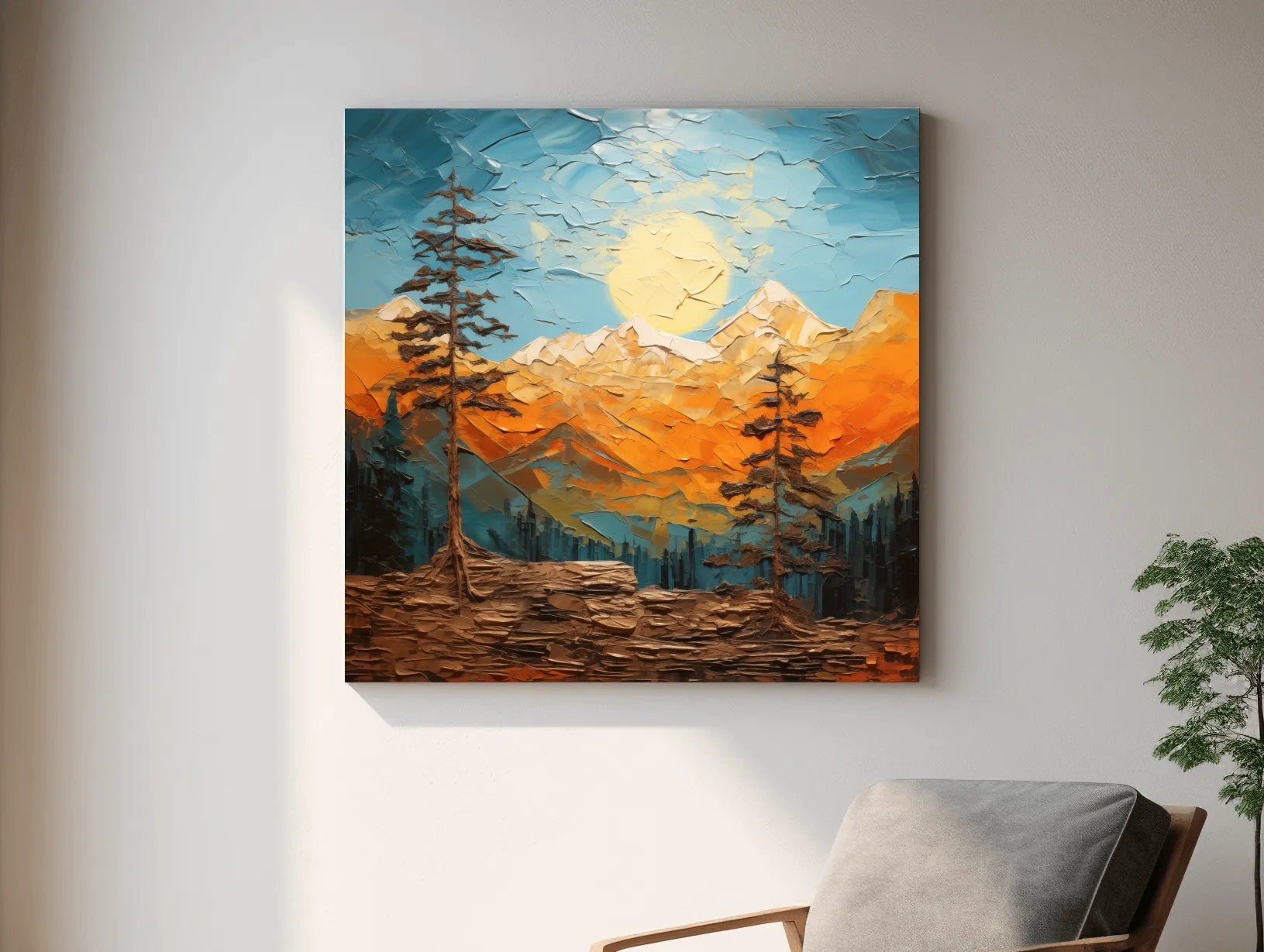 Impasto Style Mountain Sunrise Landscape - Bold Alpine Wall Art