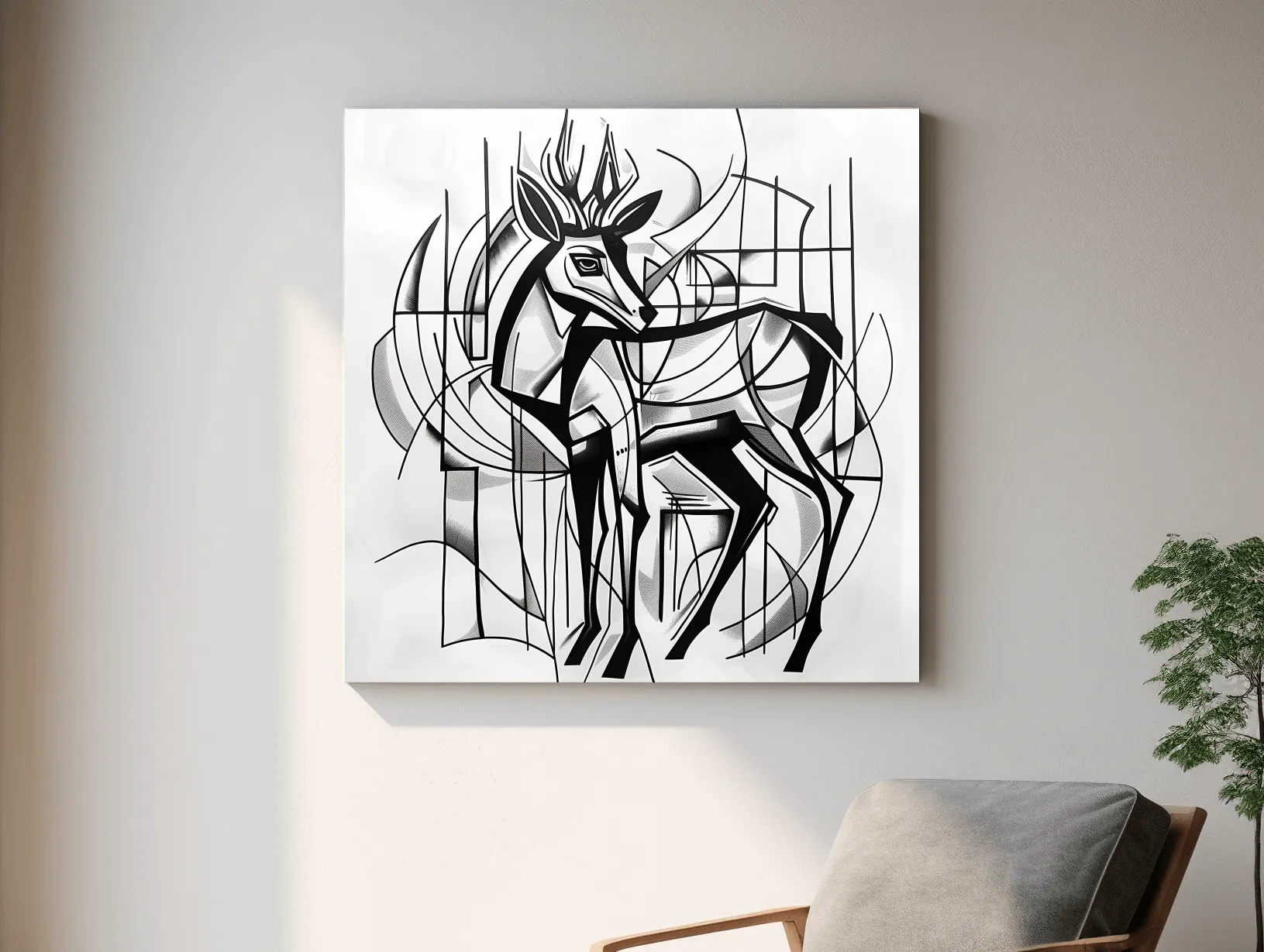 Cubism Abstract Stag Artwork - Modern Black And White Wildlife Wall Art