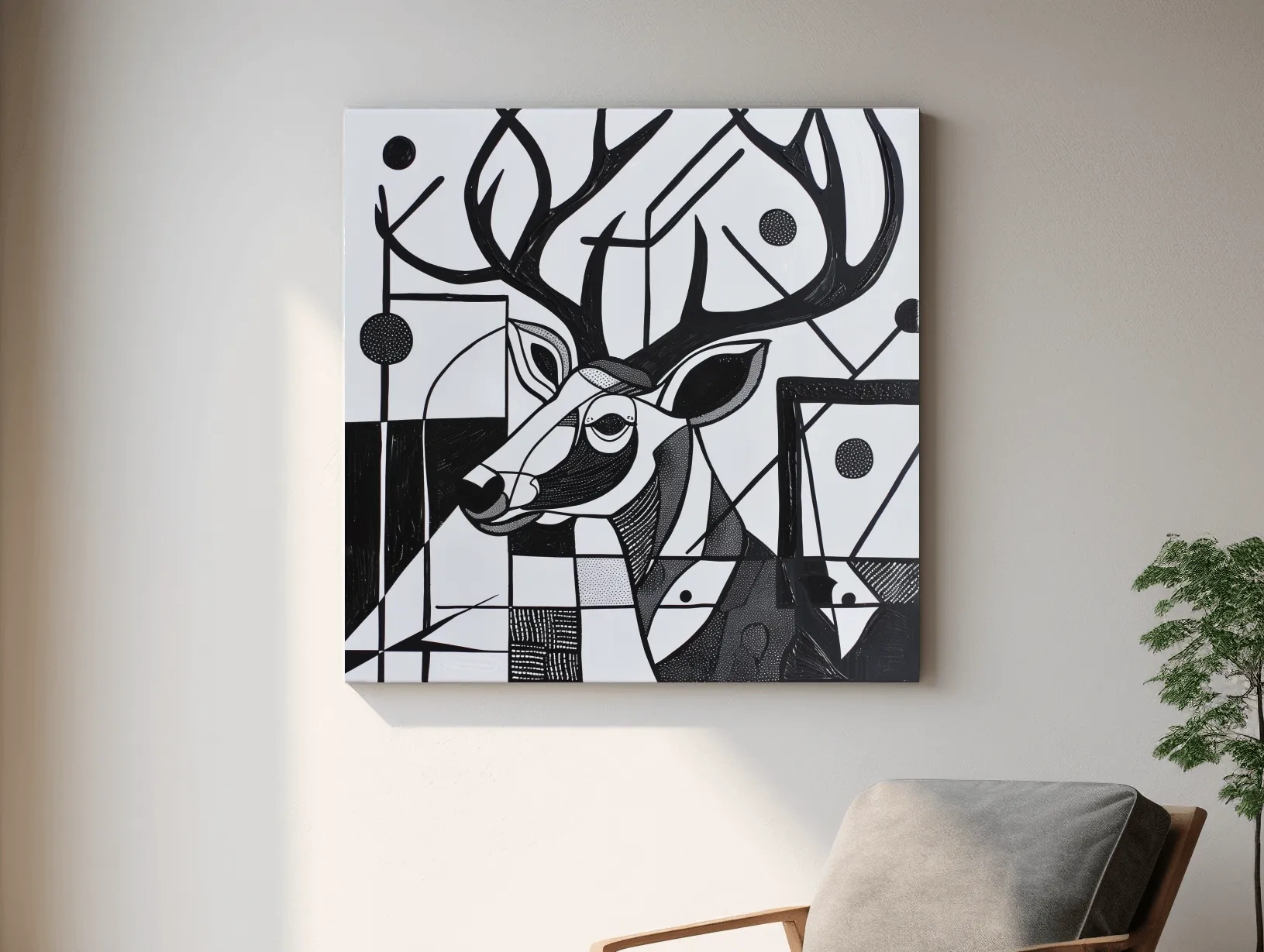 Abstract painting, black & white deer head and antlers artwork