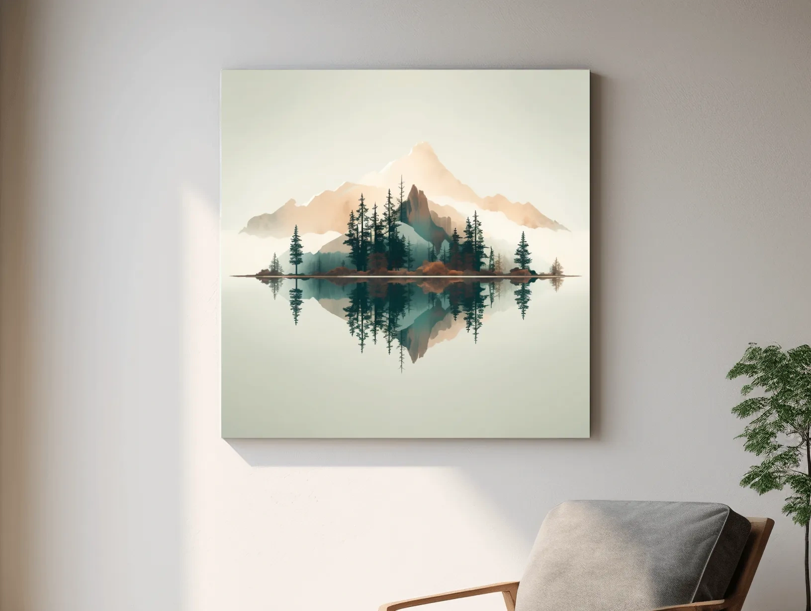 Minimalist Watercolor Mountain Lake Reflection - Serene Pine Forest Landscape Wall Art