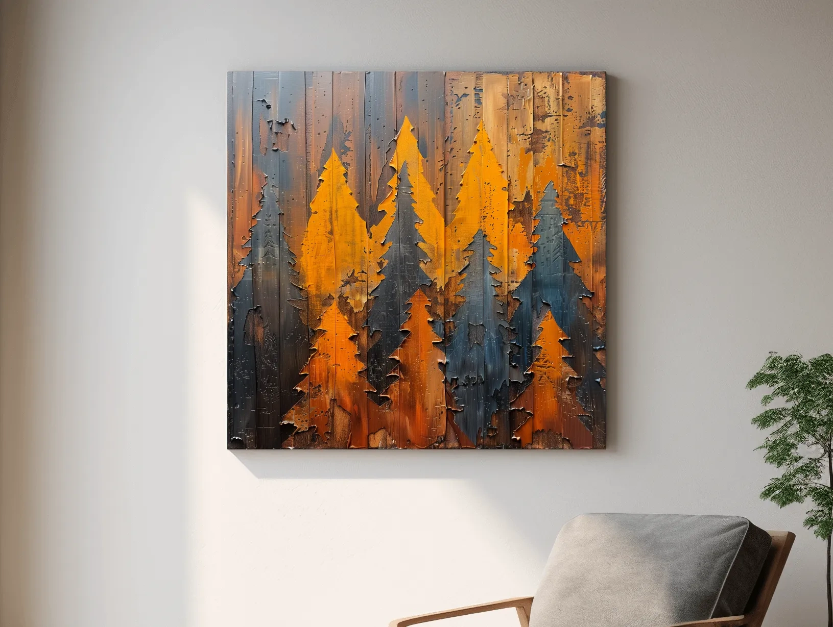 Autumn Pine Forest Silhouettes - Rustic Painted Wood Wall Art
