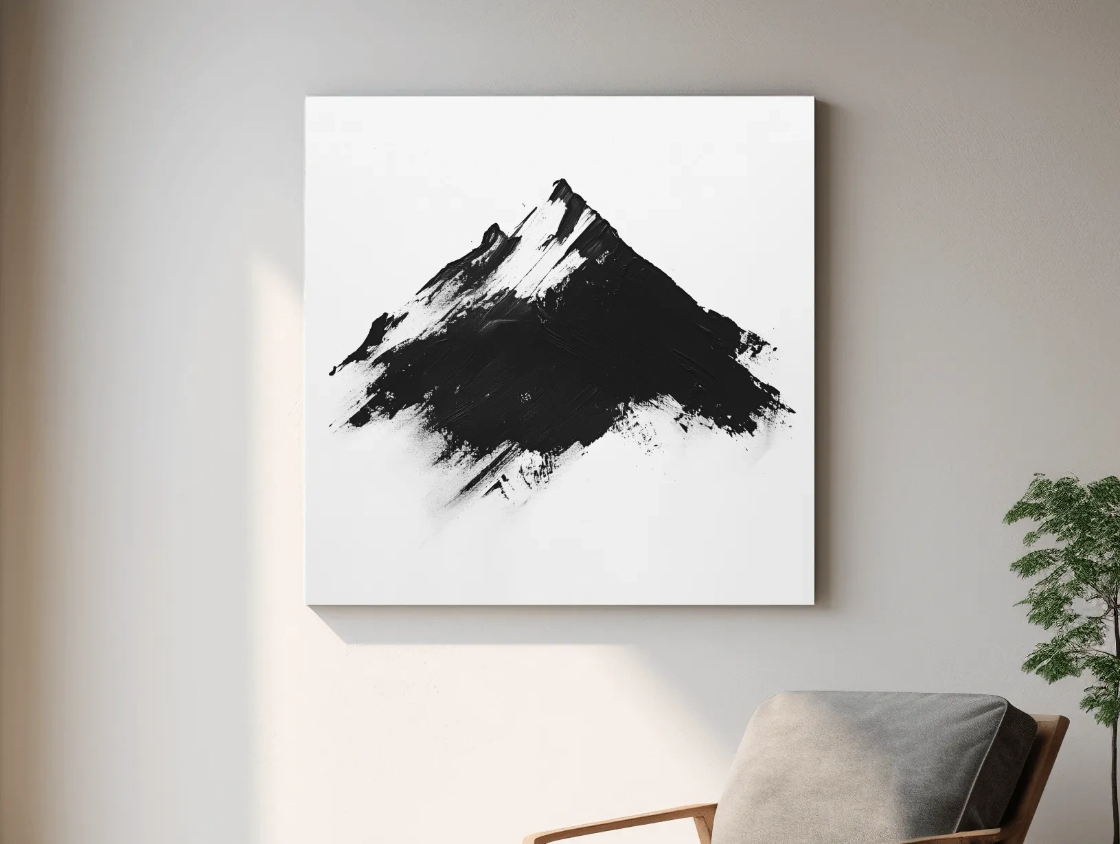 Minimalist Black Mountain Peak Painting - Monochrome Abstract Landscape Wall Art