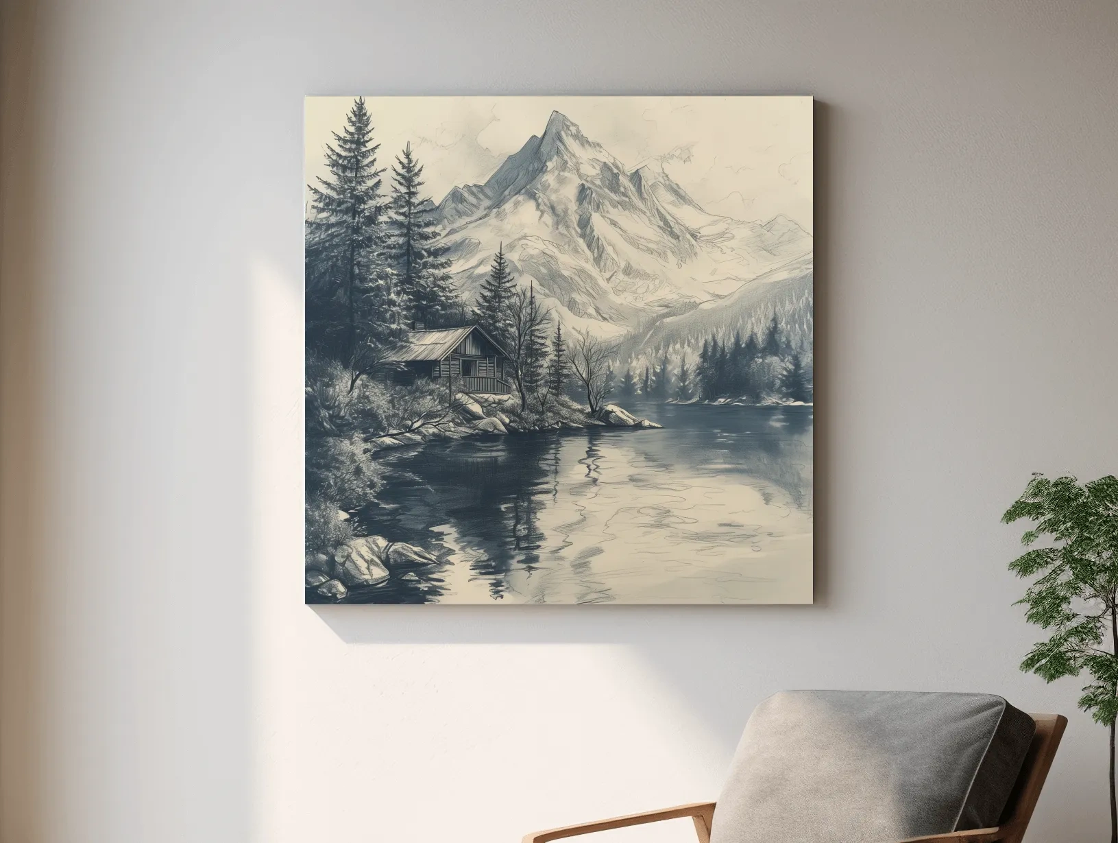 Vintage Alpine Cabin By Mountain Lake - Monochrome Pencil Sketch Landscape Wall Art