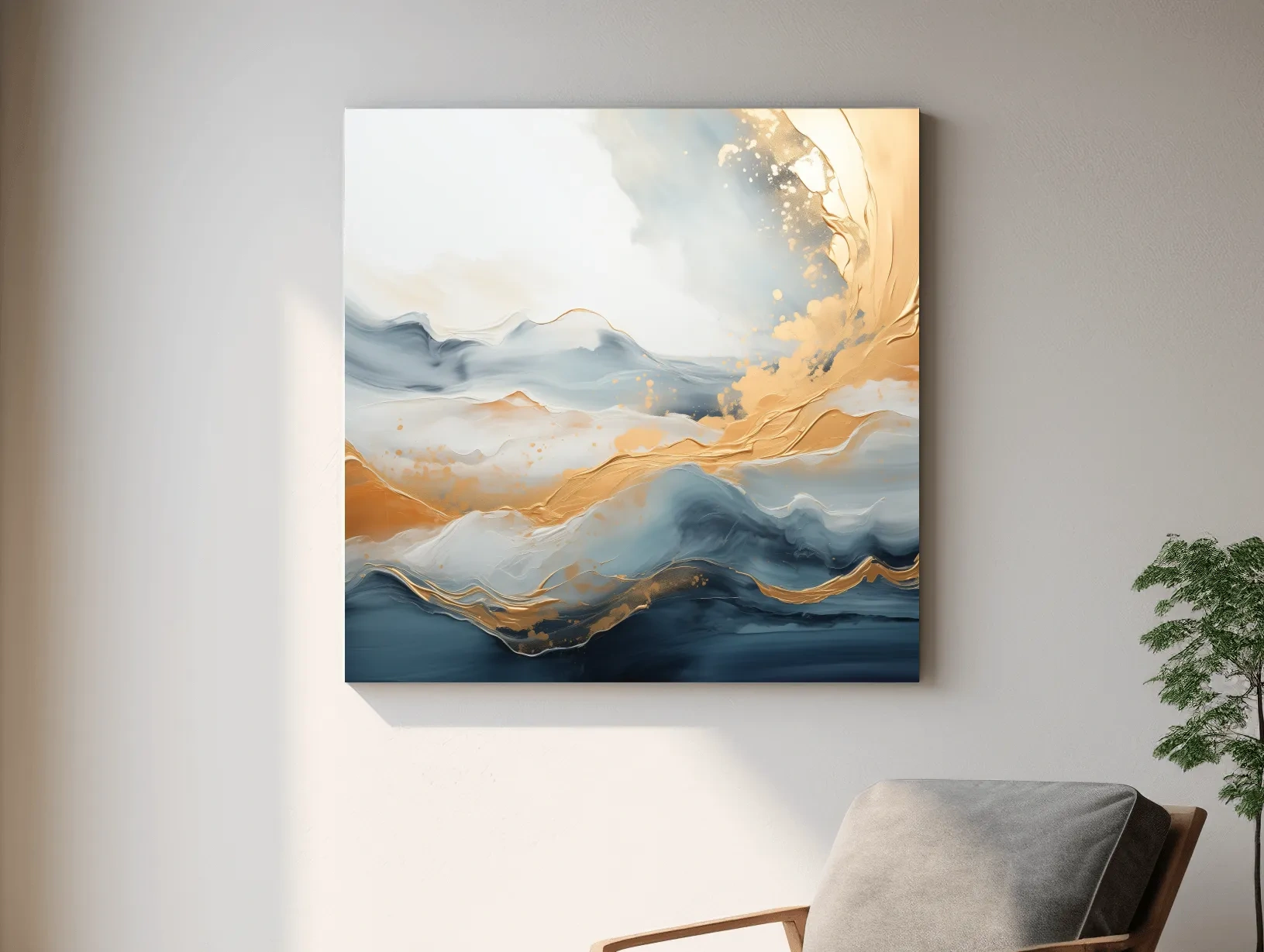 Fluid Abstract Blue And Gold Mountain Landscape - Modern Mixed Media Wall Art