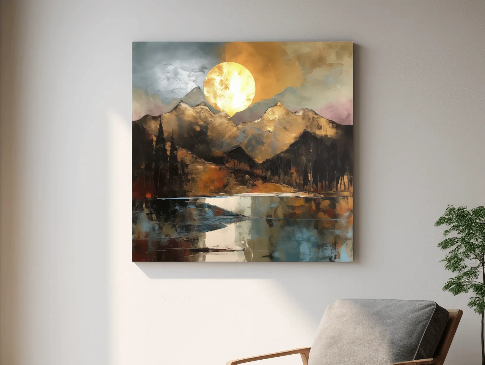Alpine Mountain Lake Sunset Painting - Golf Leaf Style Wall Art