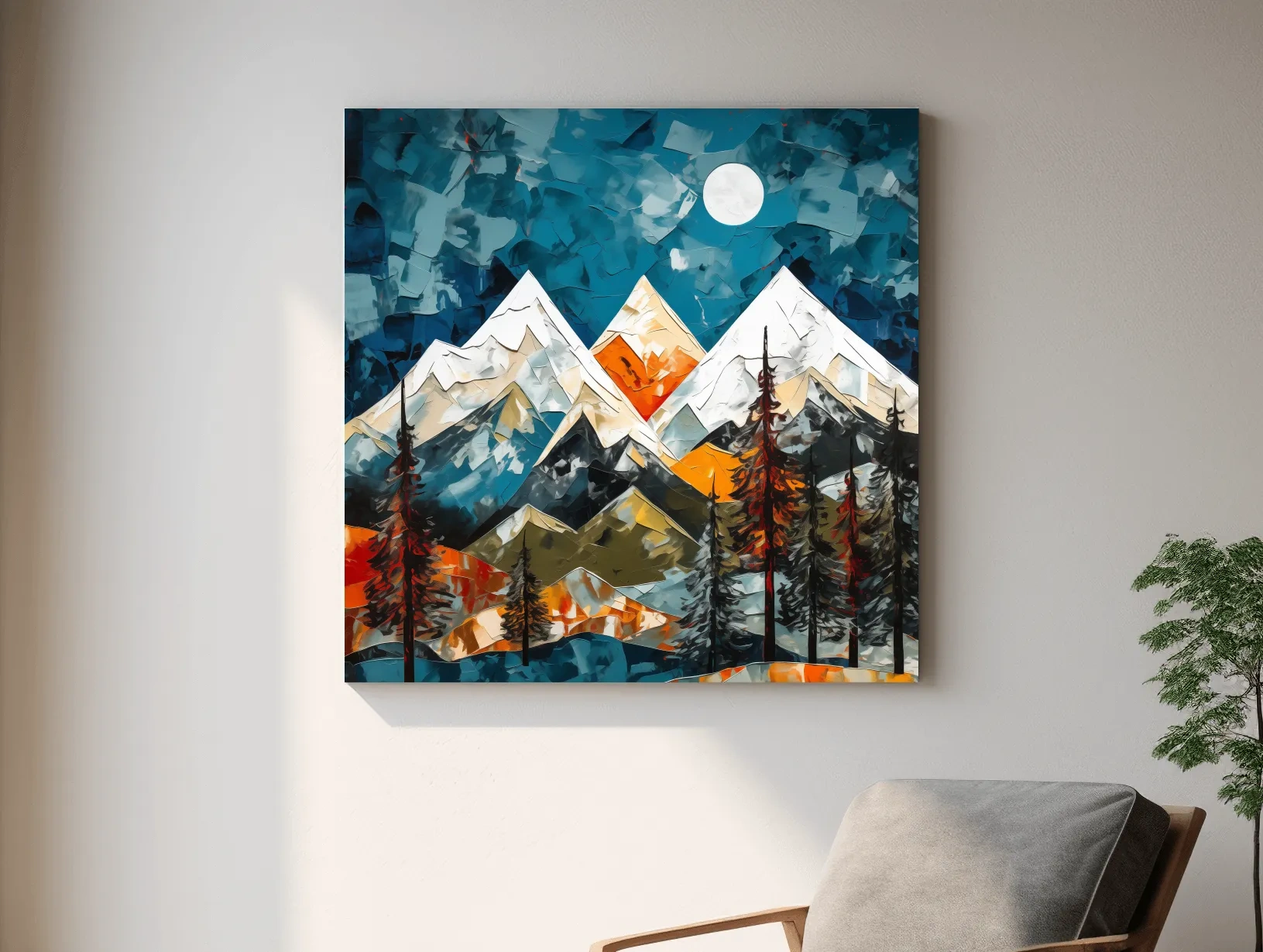 Abstract Impasto Style Mountain Nightscape - Moonlit Alpine Landscape Wall Art