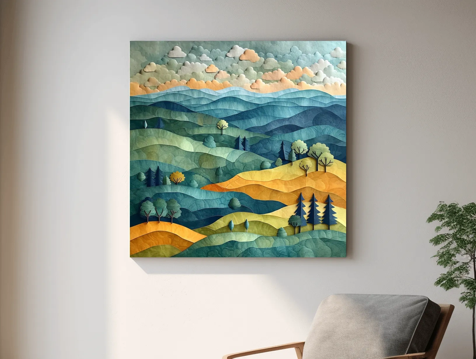 Layered Paper Cut Mountain Landscape - Mixed Media Forest Wall Art
