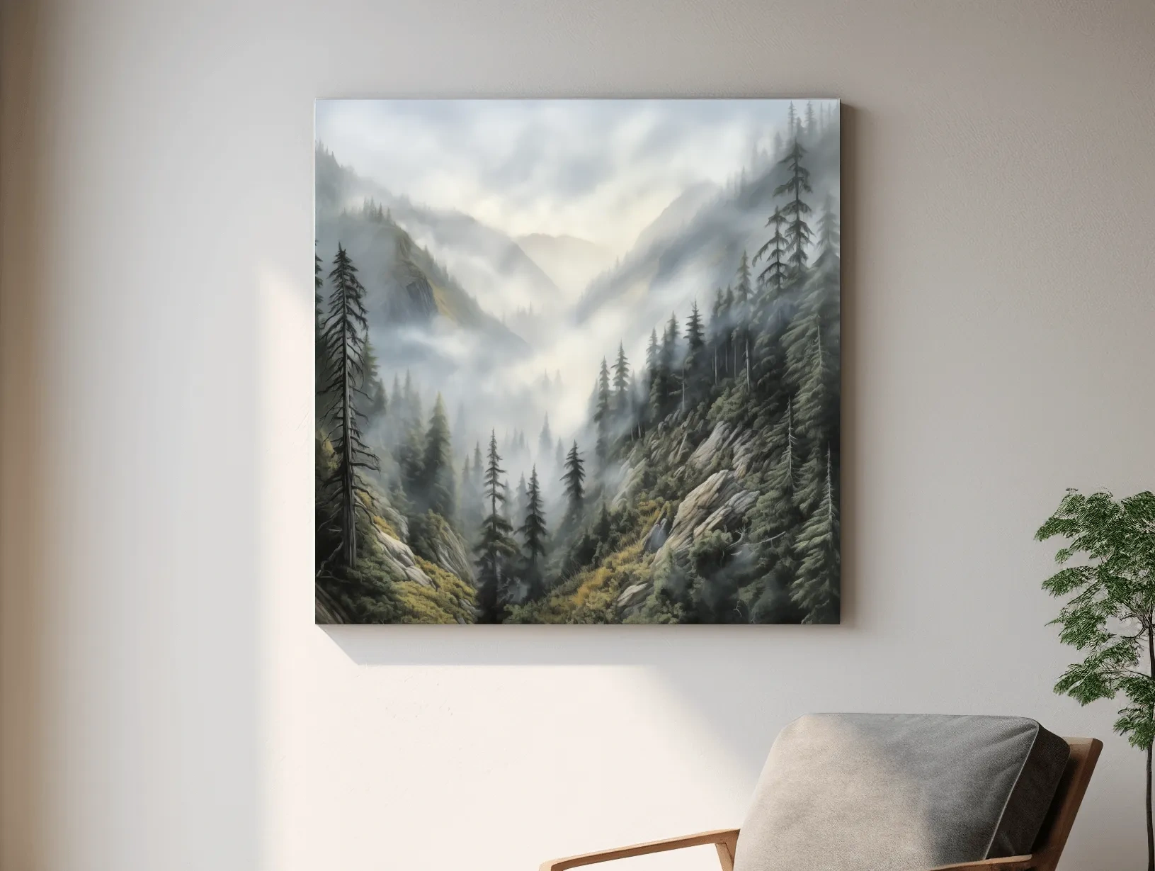 Misty Mountain Valley Pine Forest Painting - Foggy Alpine Landscape Wall Art