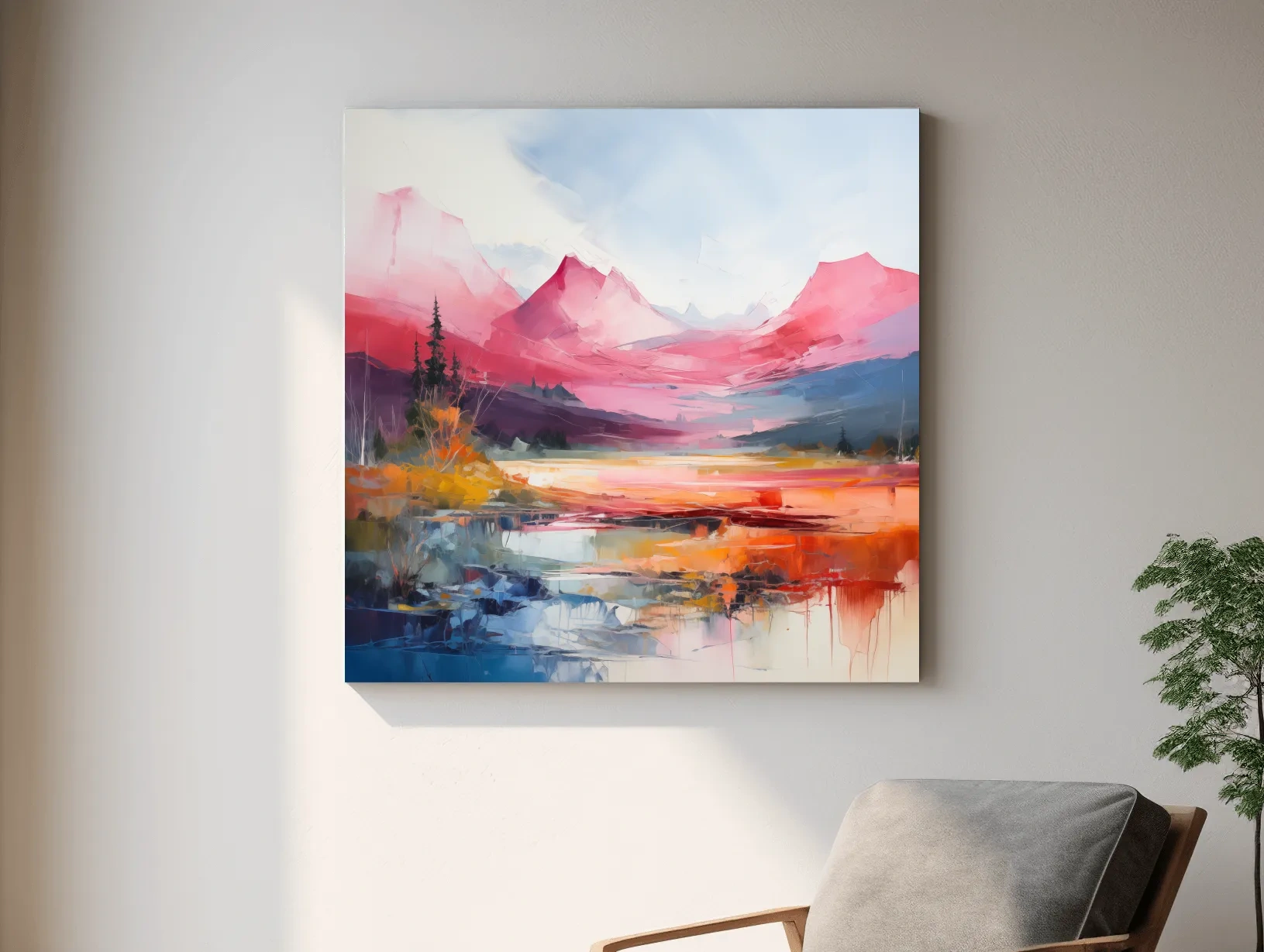 Vibrant Abstract Impressionist Alpine Lake Sunset Painting - Colorful Mountain Wall Art