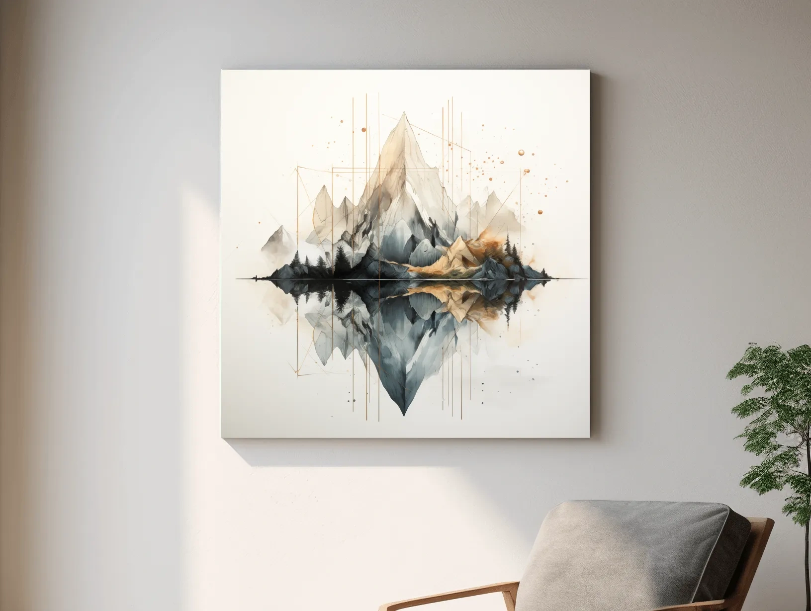 Geometric Watercolor Mountain Reflection Landscape - Modern Minimalist Wall Art