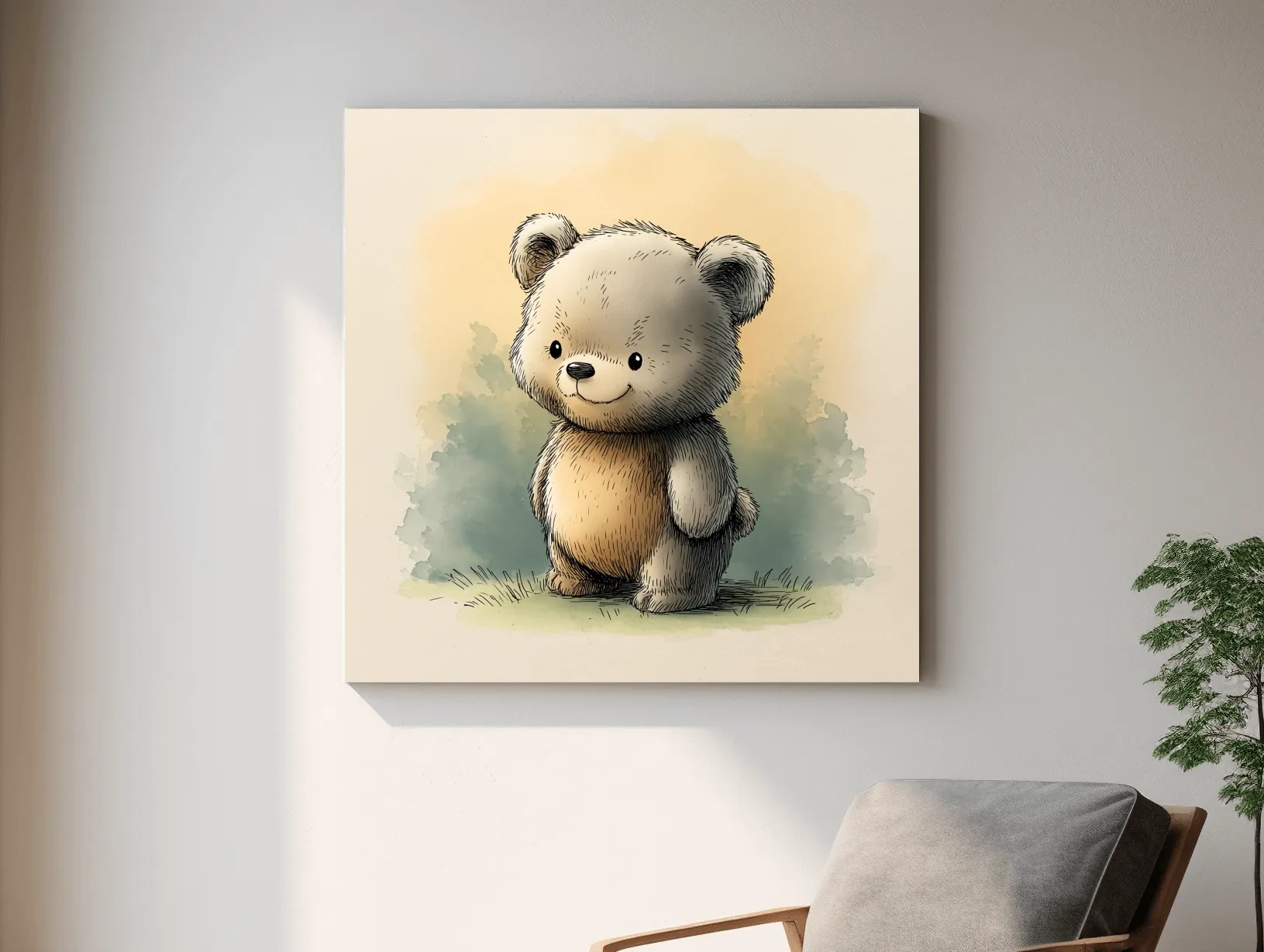 Cute Watercolor Teddy Bear Illustration - Whimsical Nursery Animal Wall Art