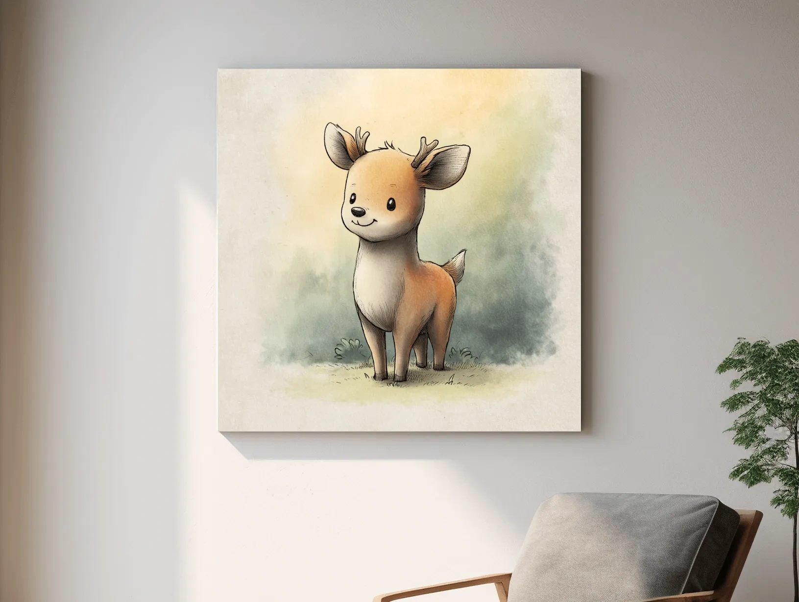 Cute Baby Deer Watercolor Illustration - Whimsical Woodland Nursery Wall Art