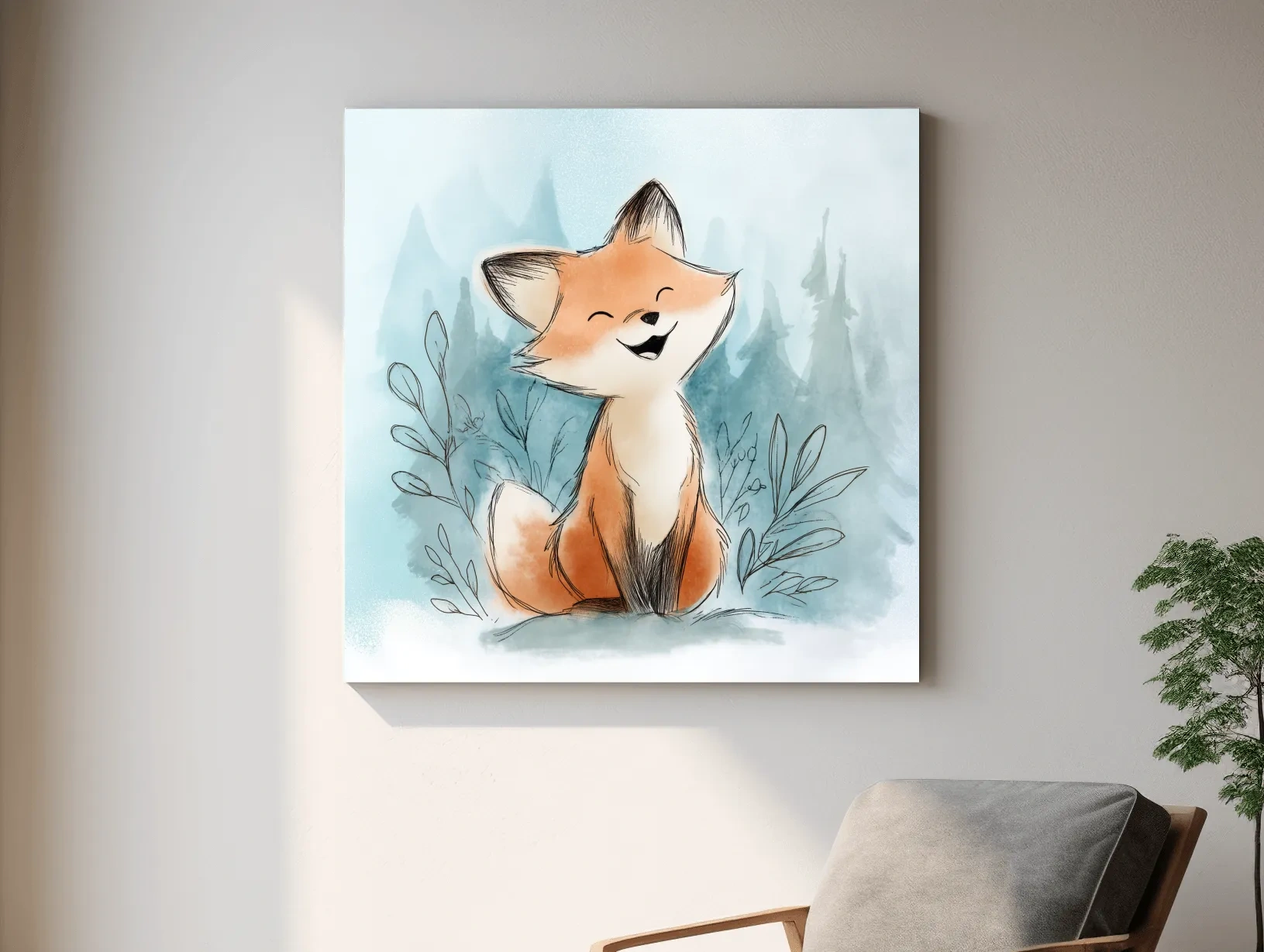 Whimsical Watercolor Fox Cub Illustration - Cute Woodland Nursery Wall Art