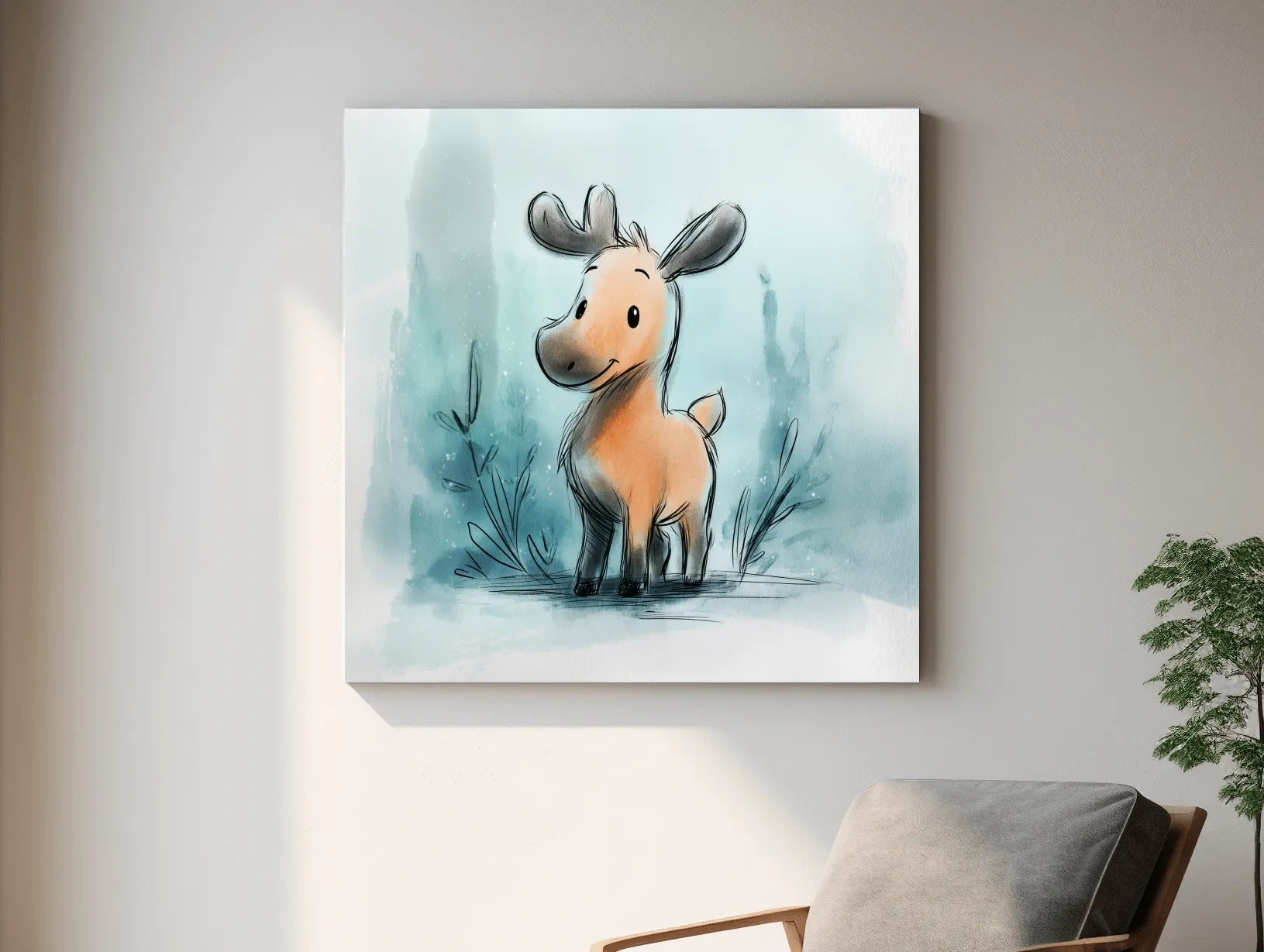 Cute Baby Moose Watercolor Illustration - Whimsical Nursery Wildlife Wall Art