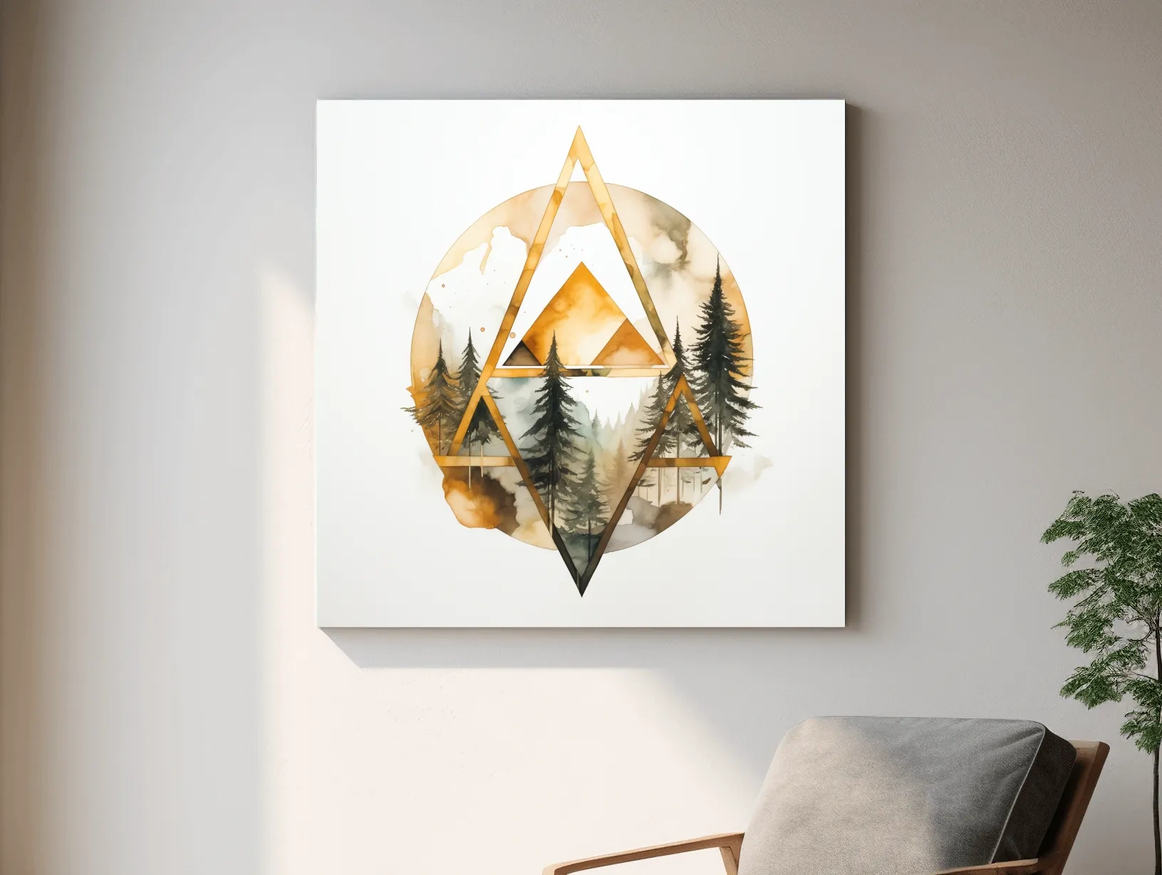 Rustic Elegant Watercolor Mountain Pine Forest - Abstract Golden Geometric Nature Wall Art