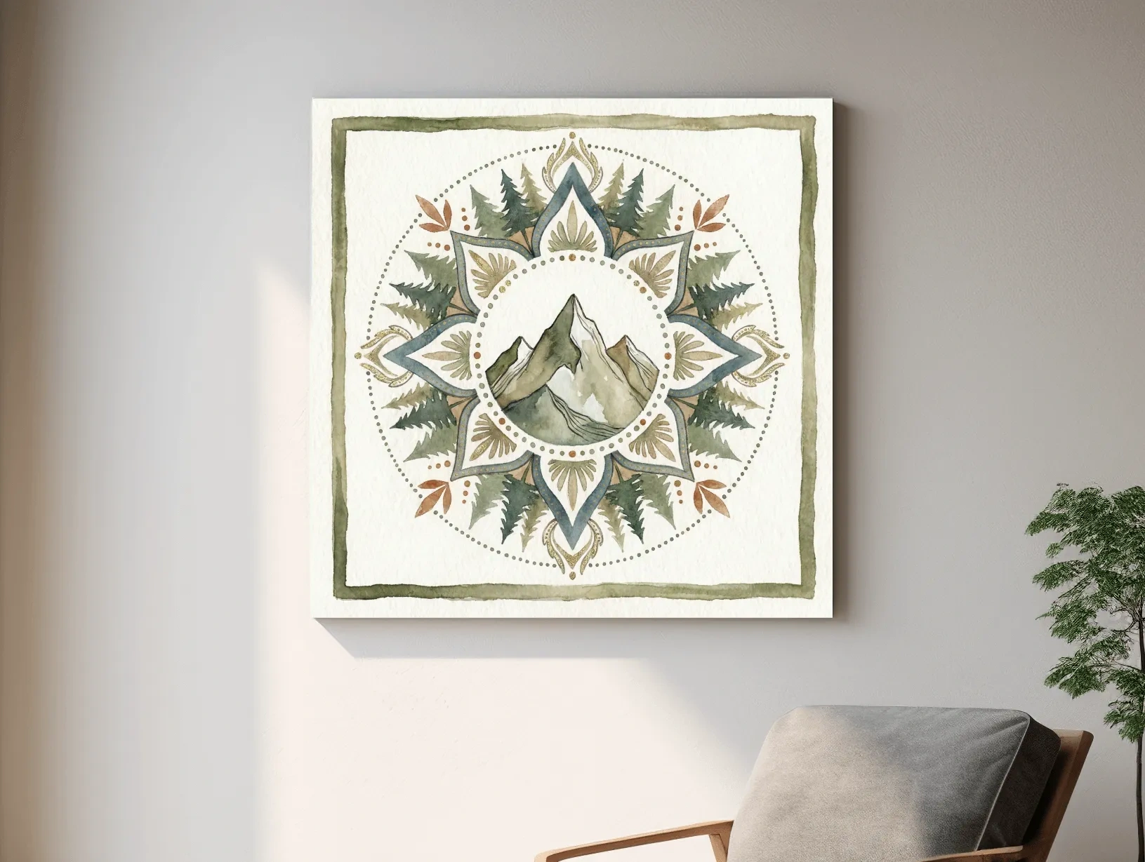 Mountain Mandala Watercolor - Boho Botanical Nature Wall Art