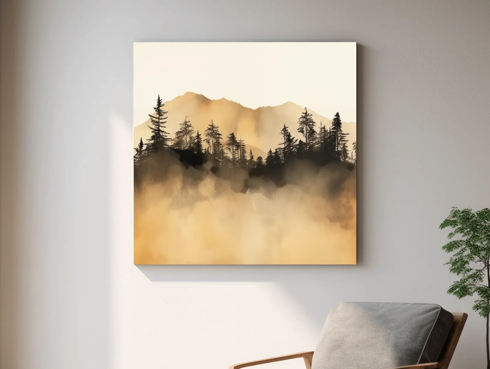 Misty Golden Mountain Pine Forest - Sepia Watercolor Landscape Wall Art