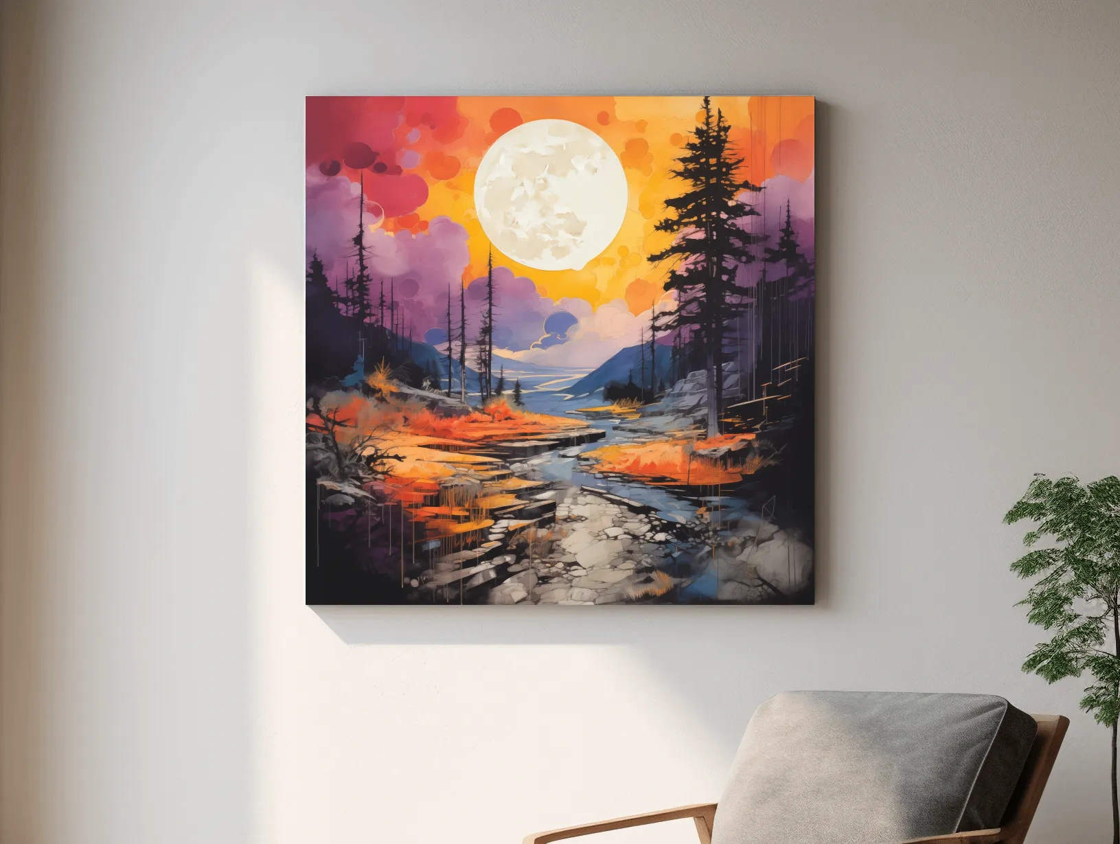 Vibrant River Valley Landscape Illustration - Abstract Sunset Forest Wall Art