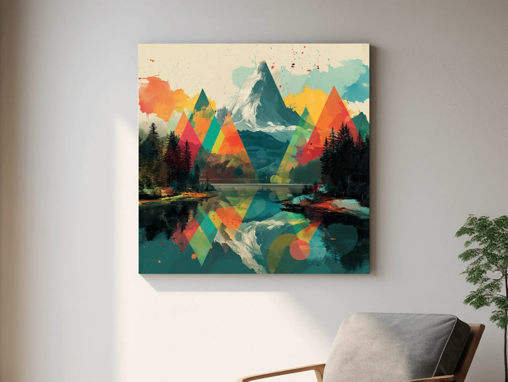Vibrant Abstract Mountain Lake Collage Art - Colorful Alpine Wall Art