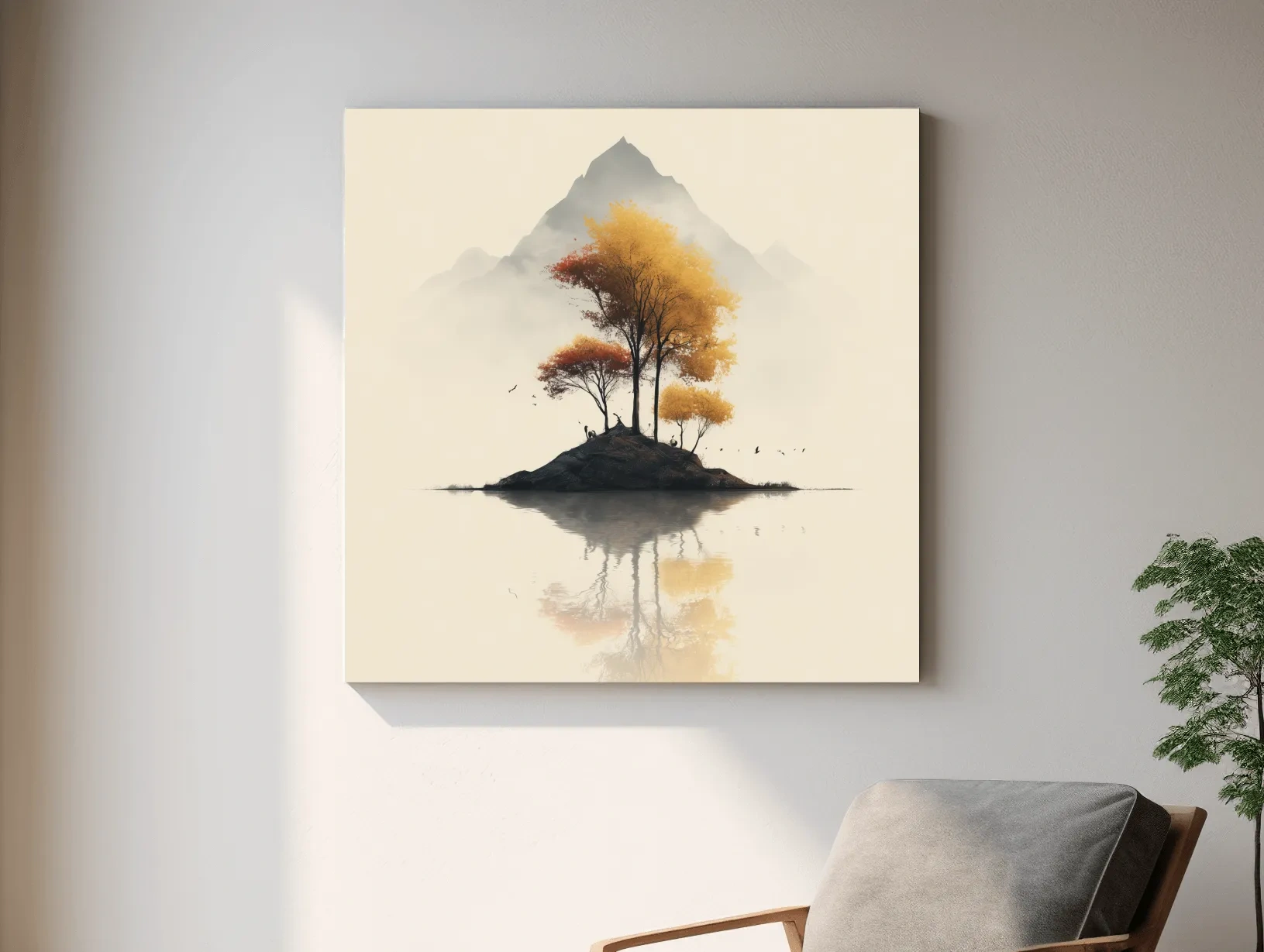Minimalist Autumn Trees On Misty Lake Island - Serene Mountain Landscape Wall Art