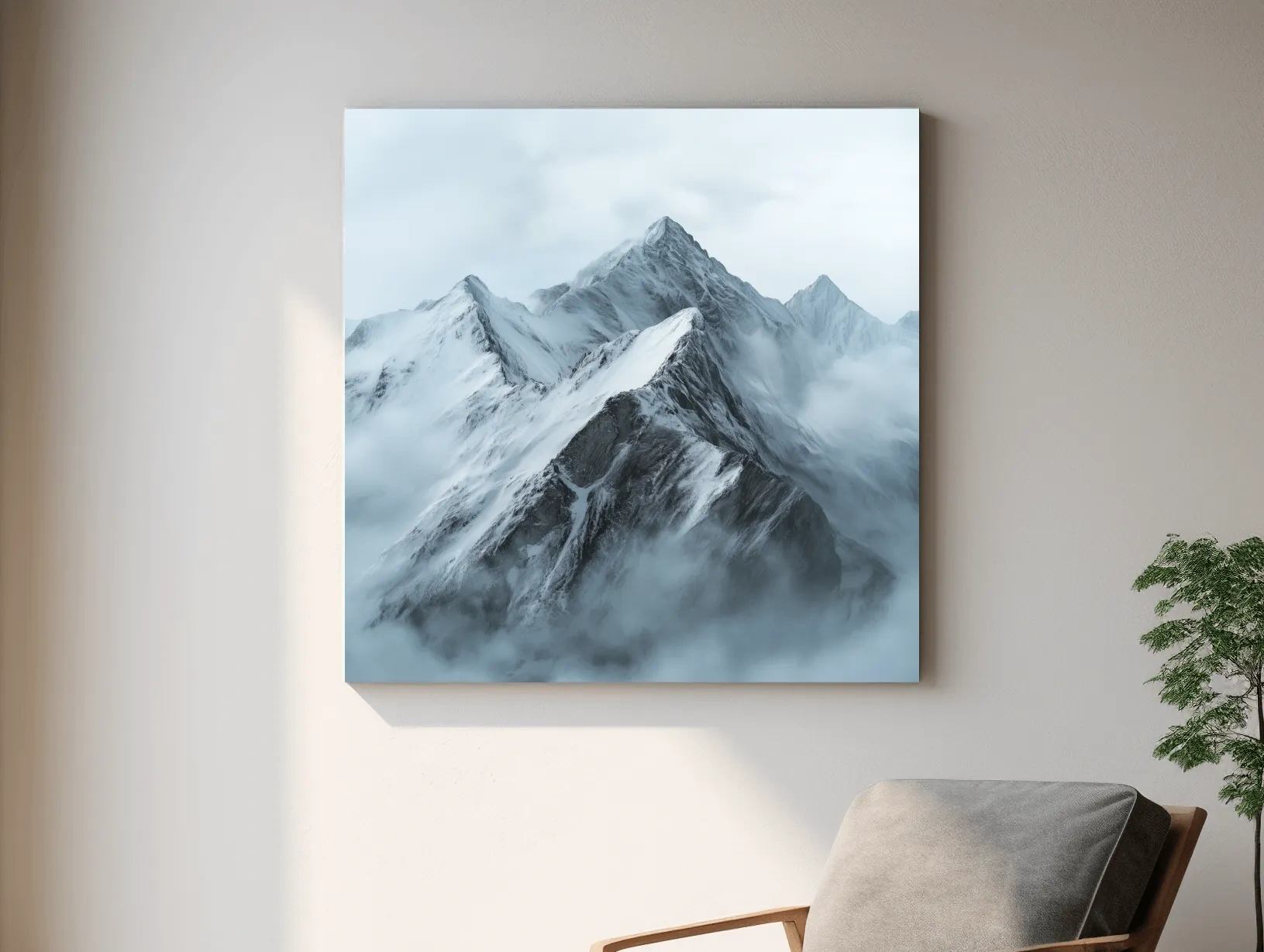 Misty Snowcapped Alpine Peak Landscape - Monochrome Photographic Mountain Wall Art