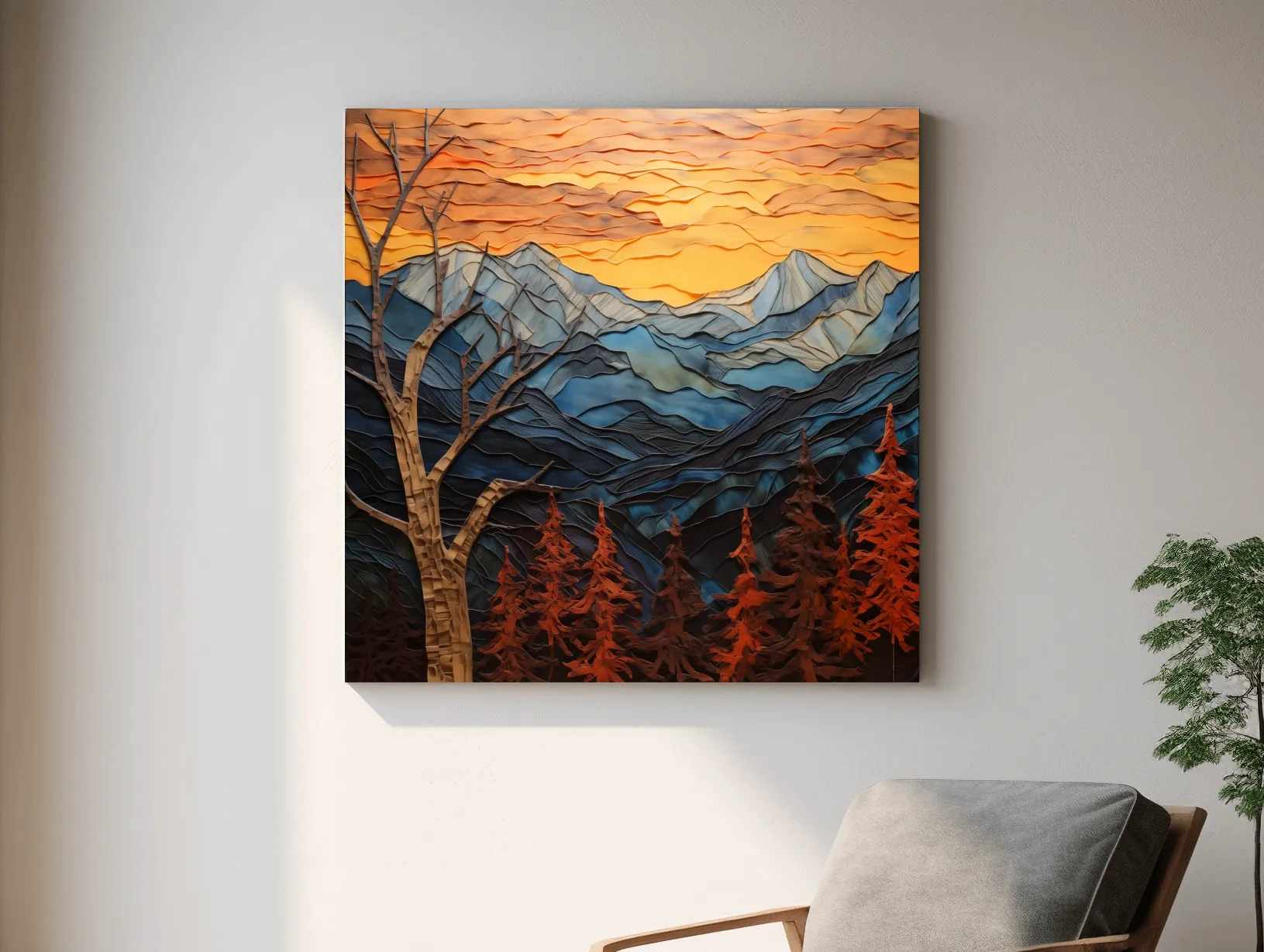 Layered Paper Cut Alpine Mountain Sunset - Mixed Media 3D Landscape Wall Art