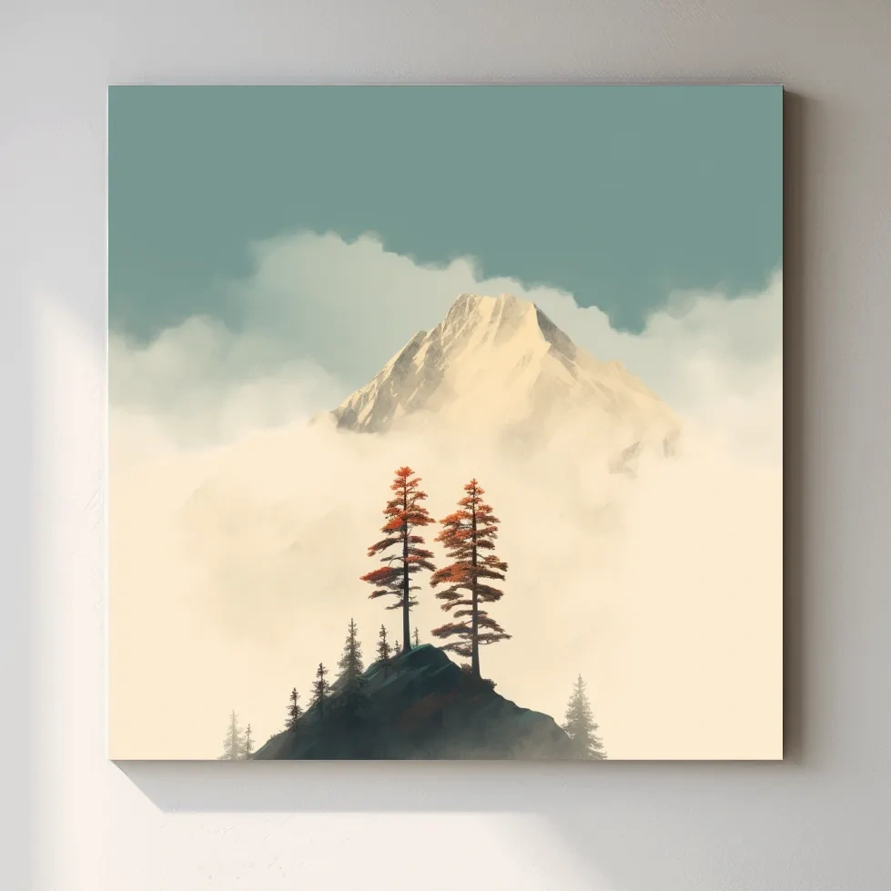 Misty Alpine Peak With Autumn Pines - Minimalist Mountain Artwork