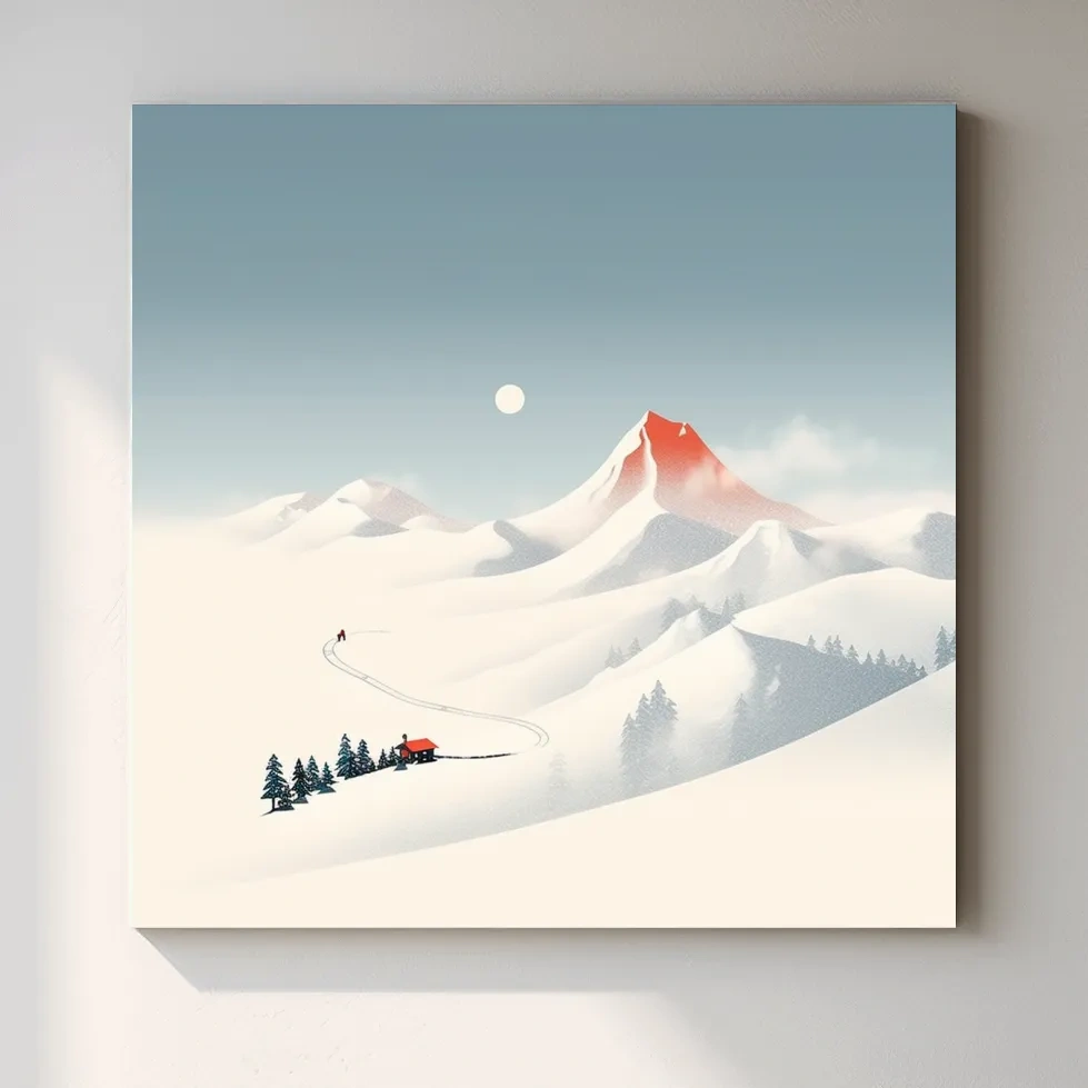 Minimal mountain art, skier leaves skin tracks from the cabin