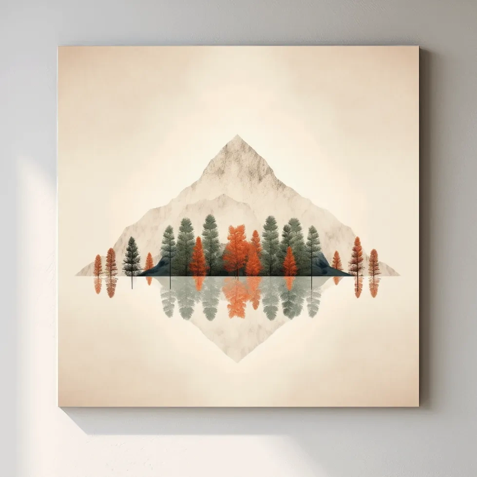 Minimalist Minimal Mountain Lake Reflection Painting - Autumn Pine Forest Artwork