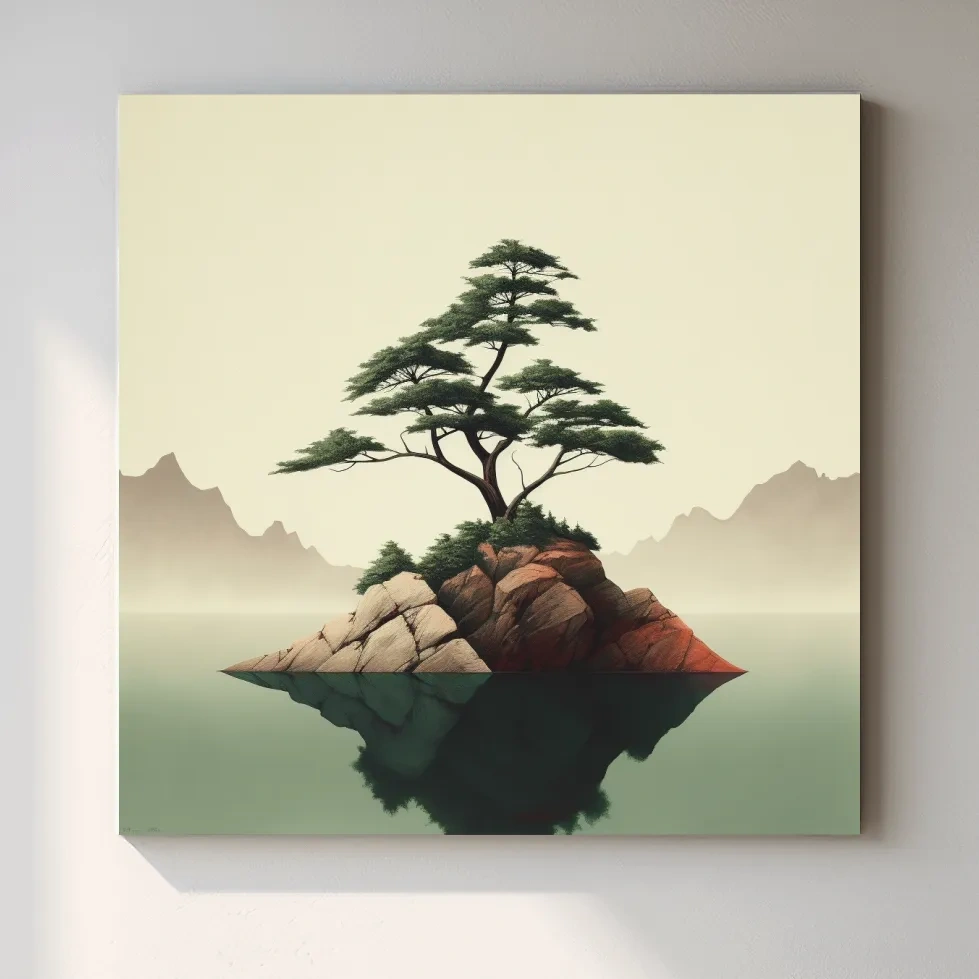 Mimimal mountain art, tree on a lake