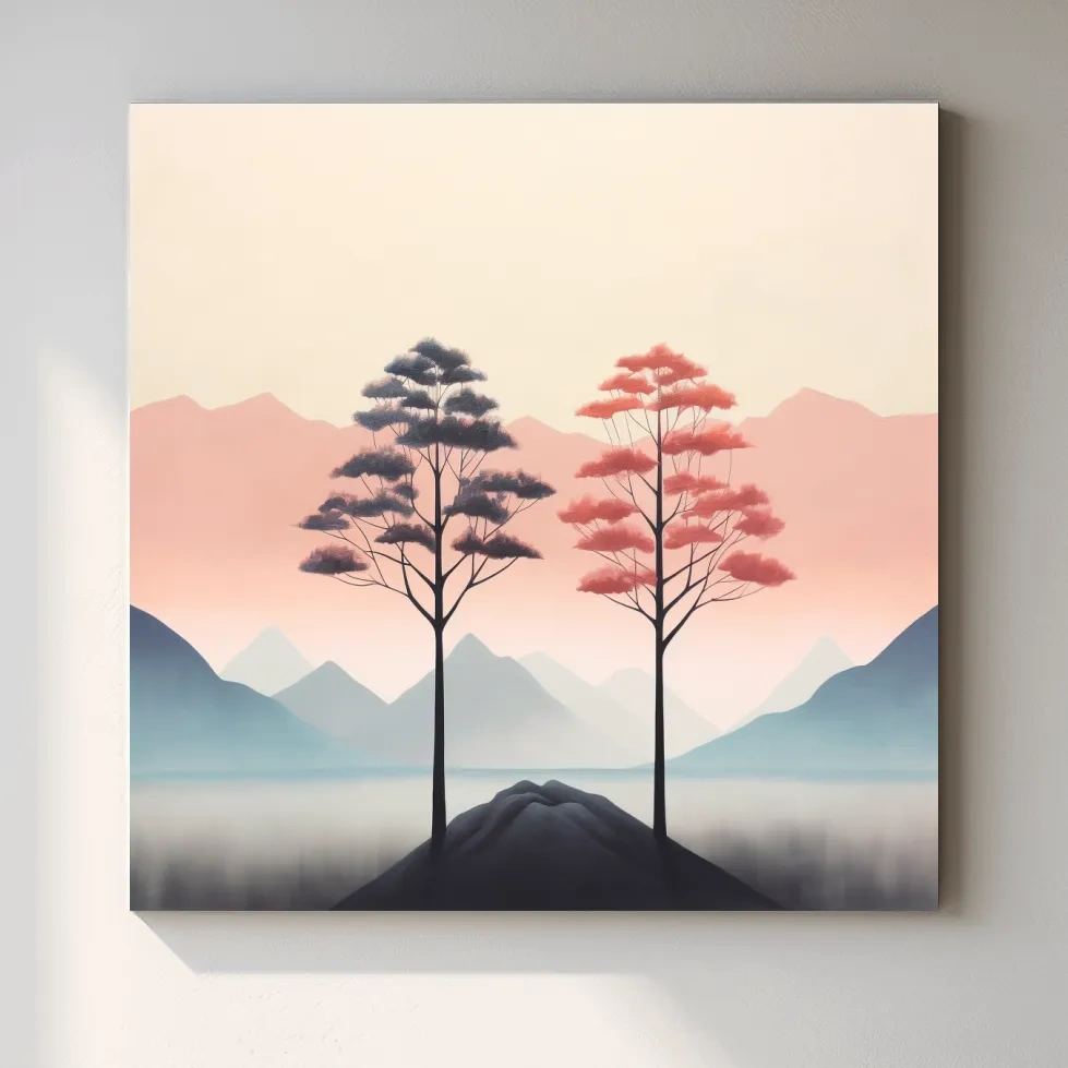 Minimalist Twin Pine Trees Landscape - Serene Pastel Mountain Lake Wall Art