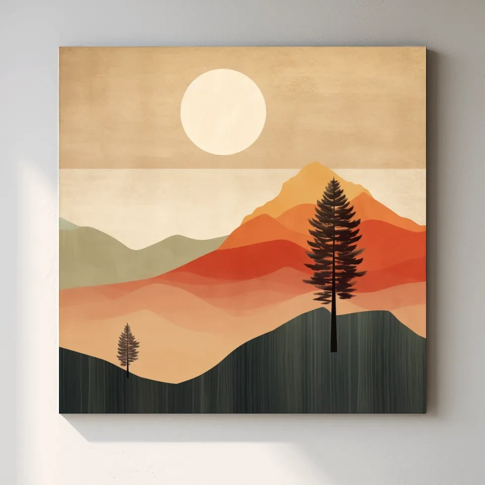 Mimimalist mountain art, sunset over the mountains