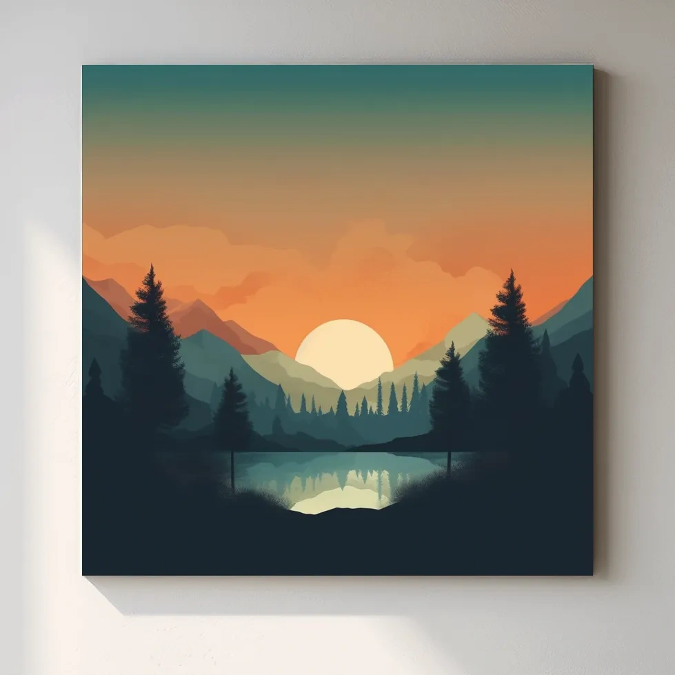 Minimalist Sunset Mountain Lake Reflection - Serene Scandinavian Artwork